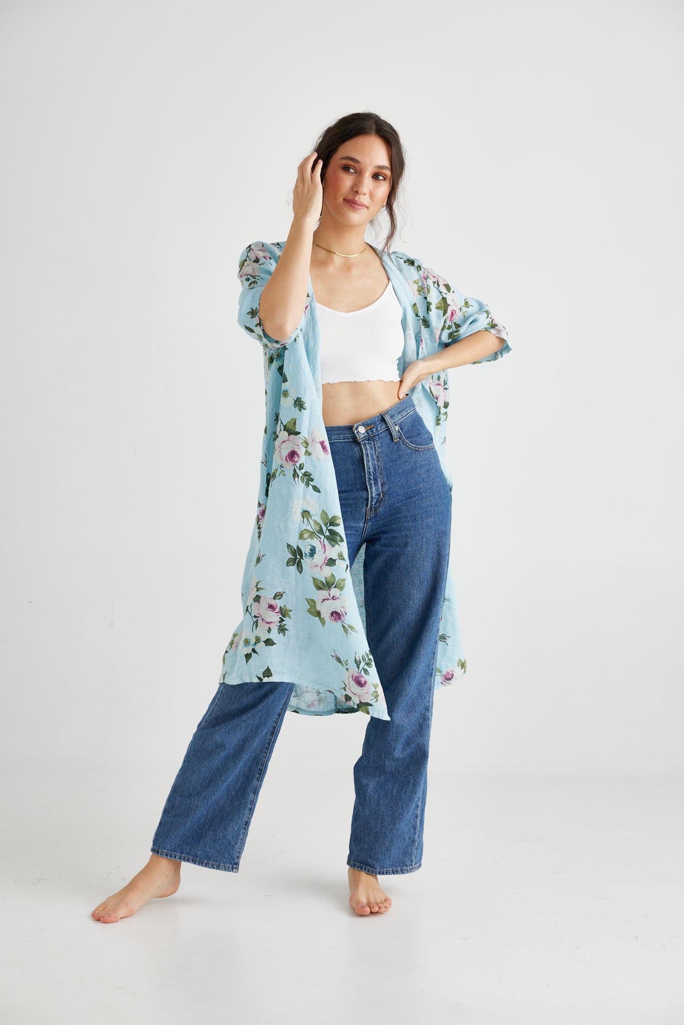 Abigail Floral linen coatdress Powder Blue.