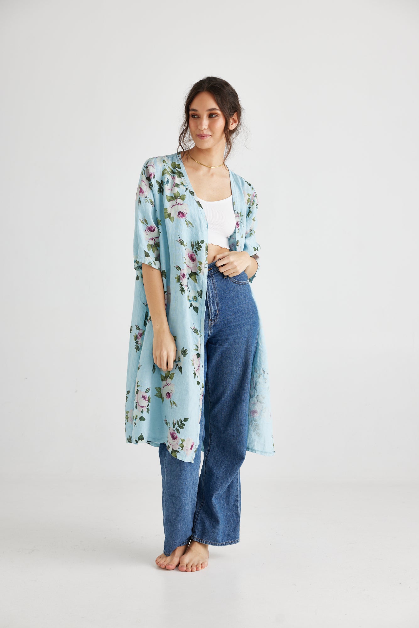 Abigail Floral linen coatdress Powder Blue.