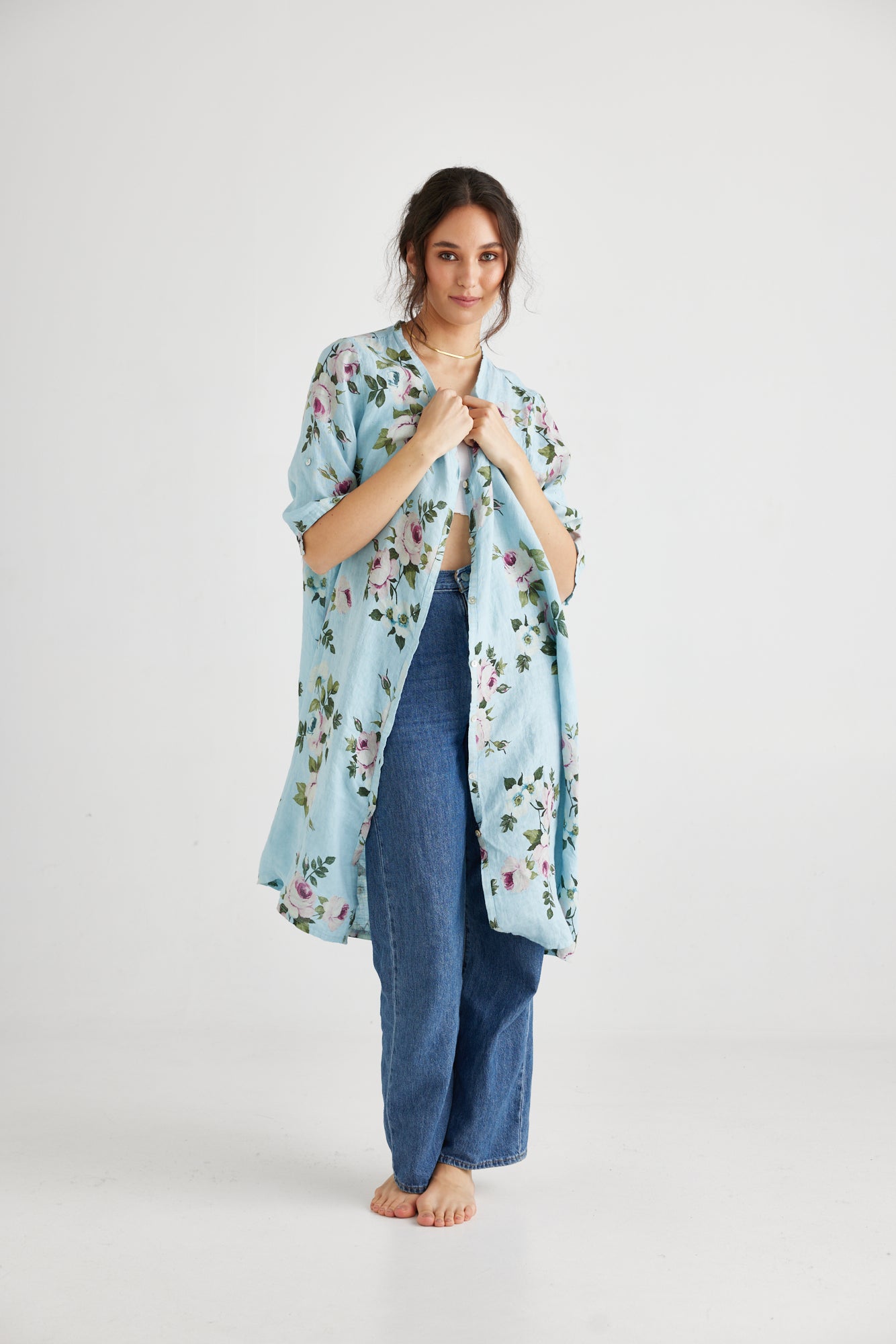 Abigail Floral linen coatdress Powder Blue.