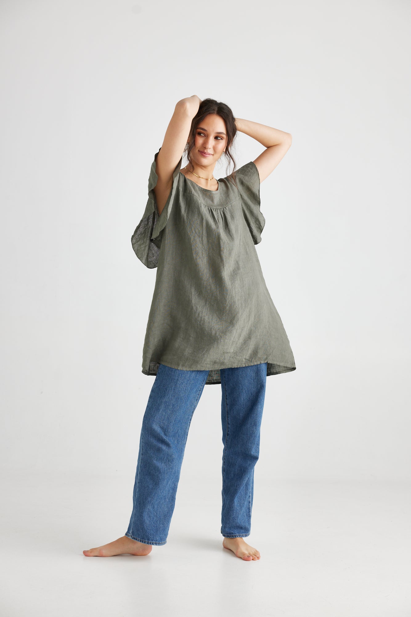 Bella Linen Top. Khaki
