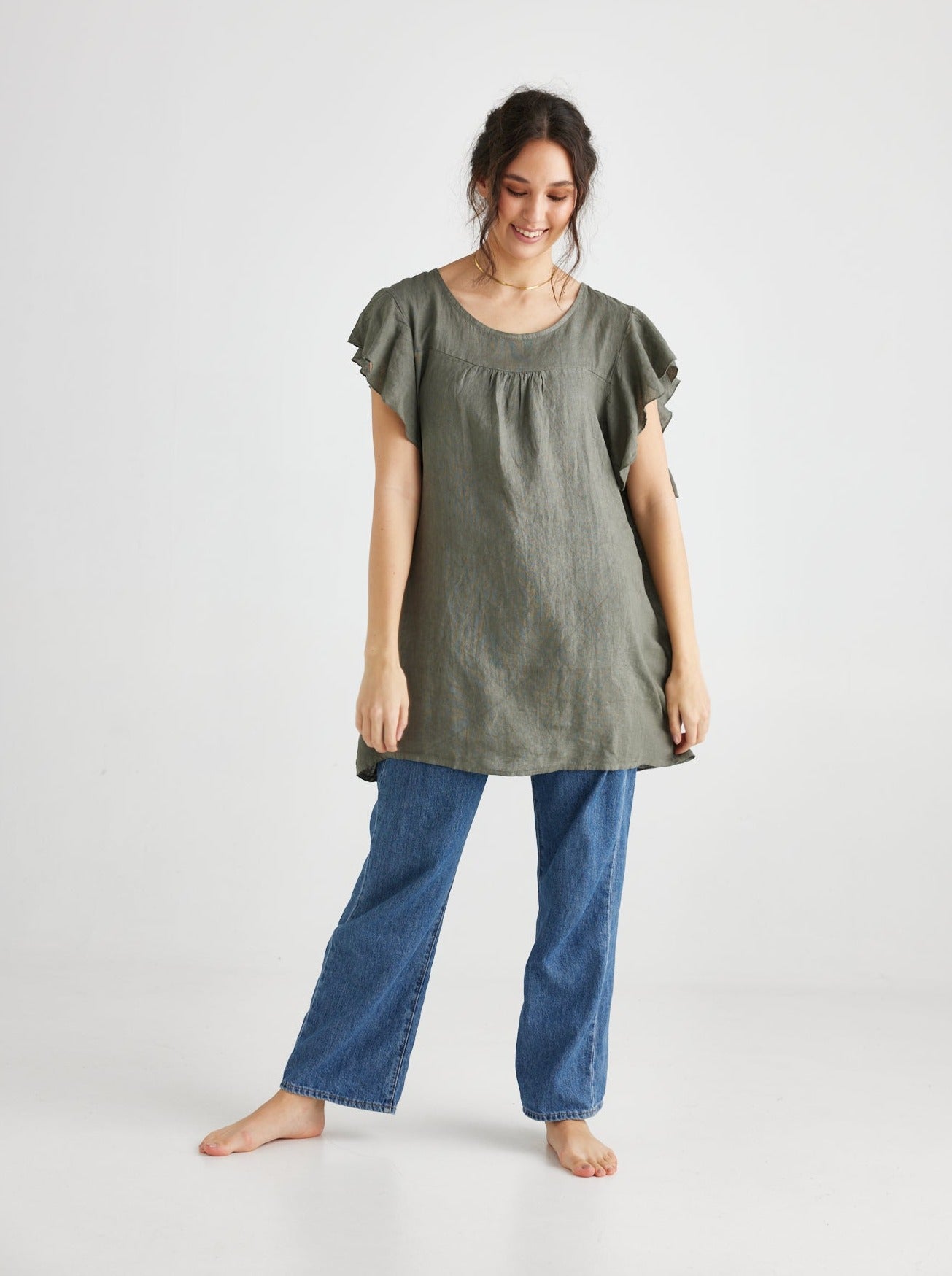 Bella Linen Top. Khaki