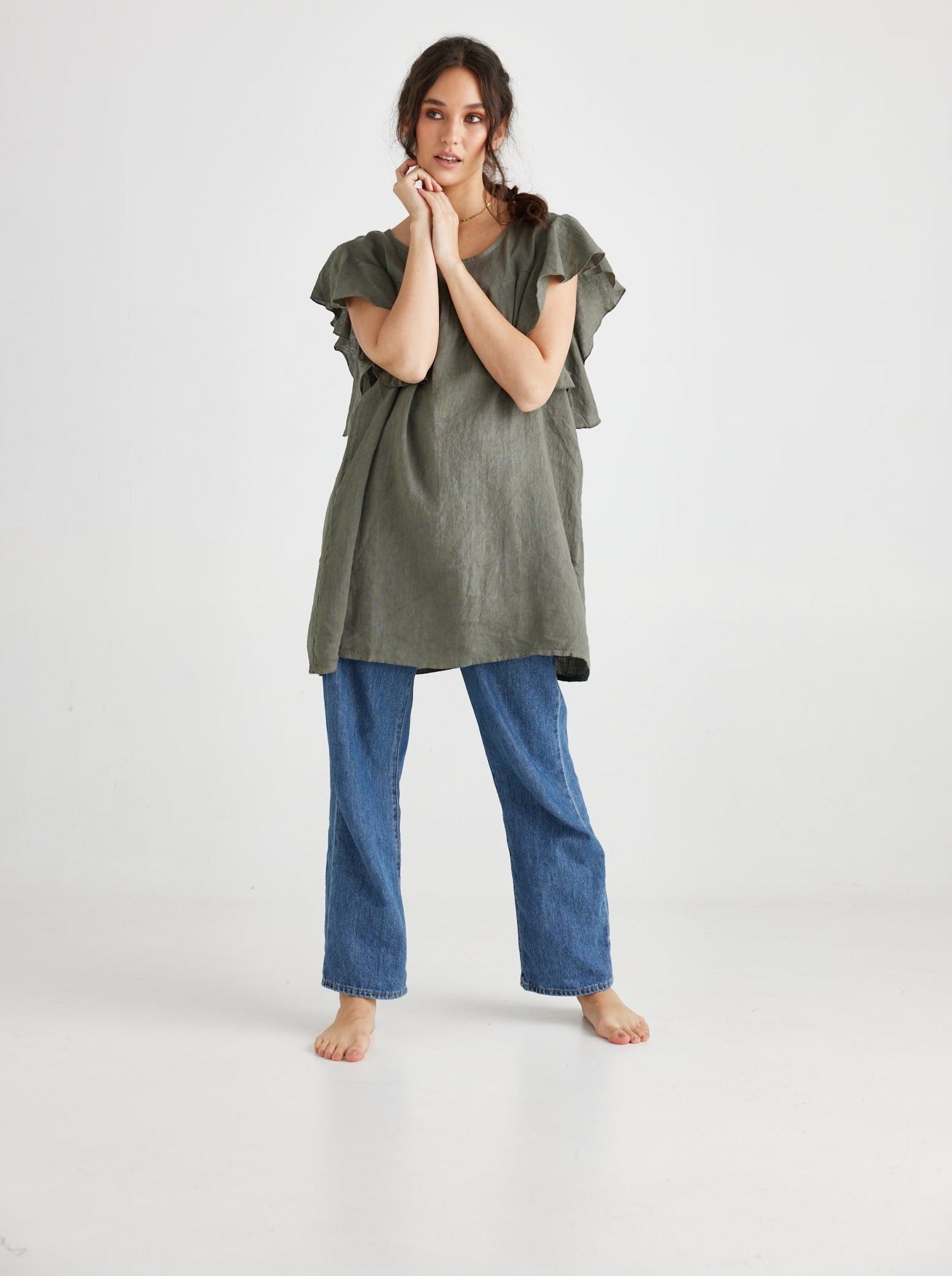 Bella Linen Top. Khaki