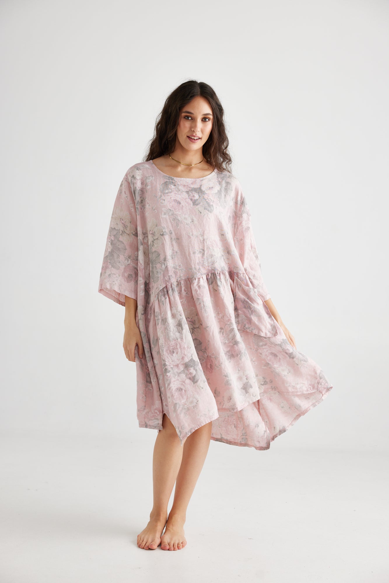 Clarissa linen dress. Pink Tearose Floral