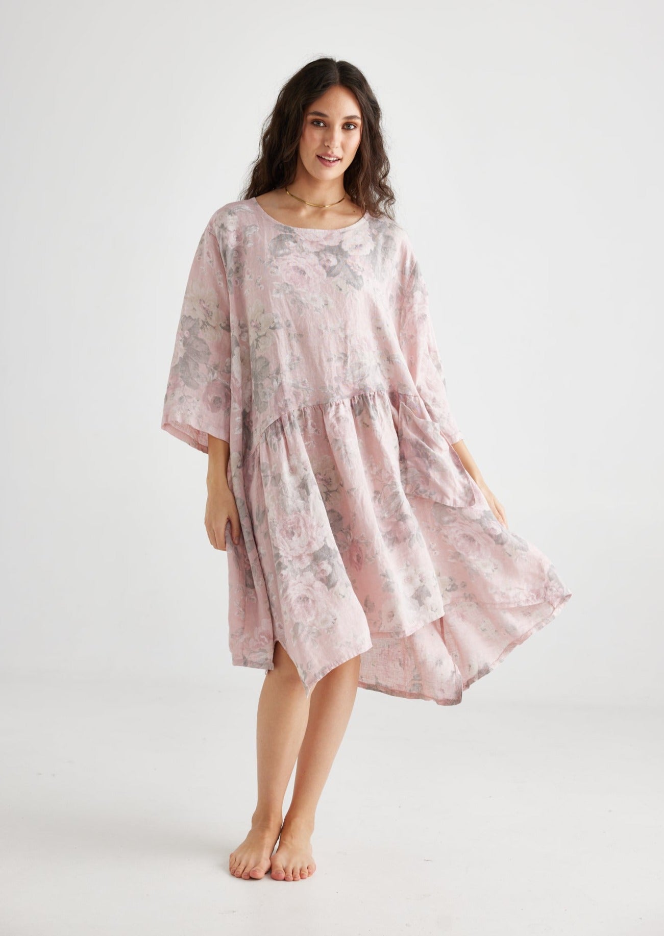 Clarissa linen dress. Pink Tearose Floral