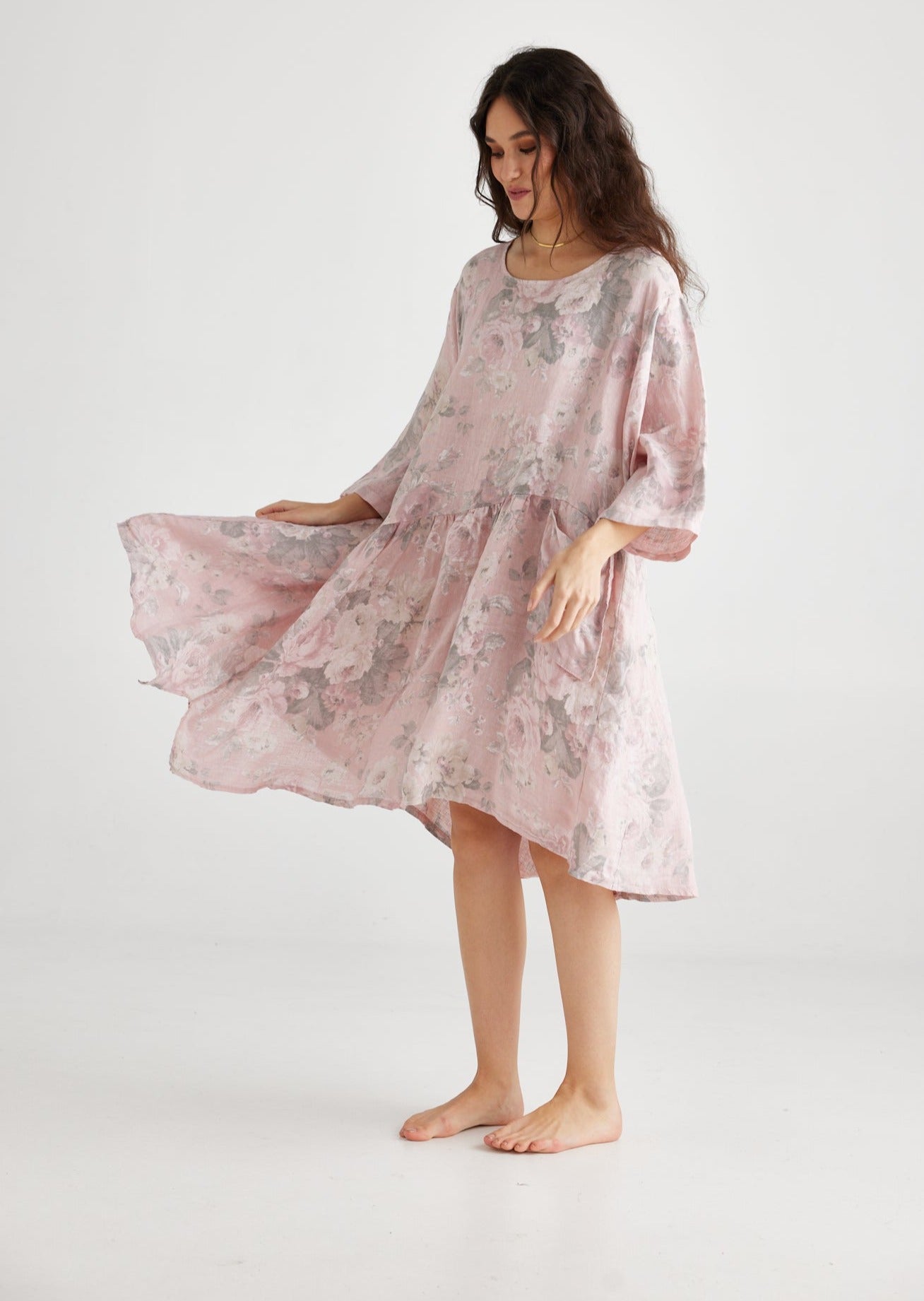 Clarissa linen dress. Pink Tearose Floral
