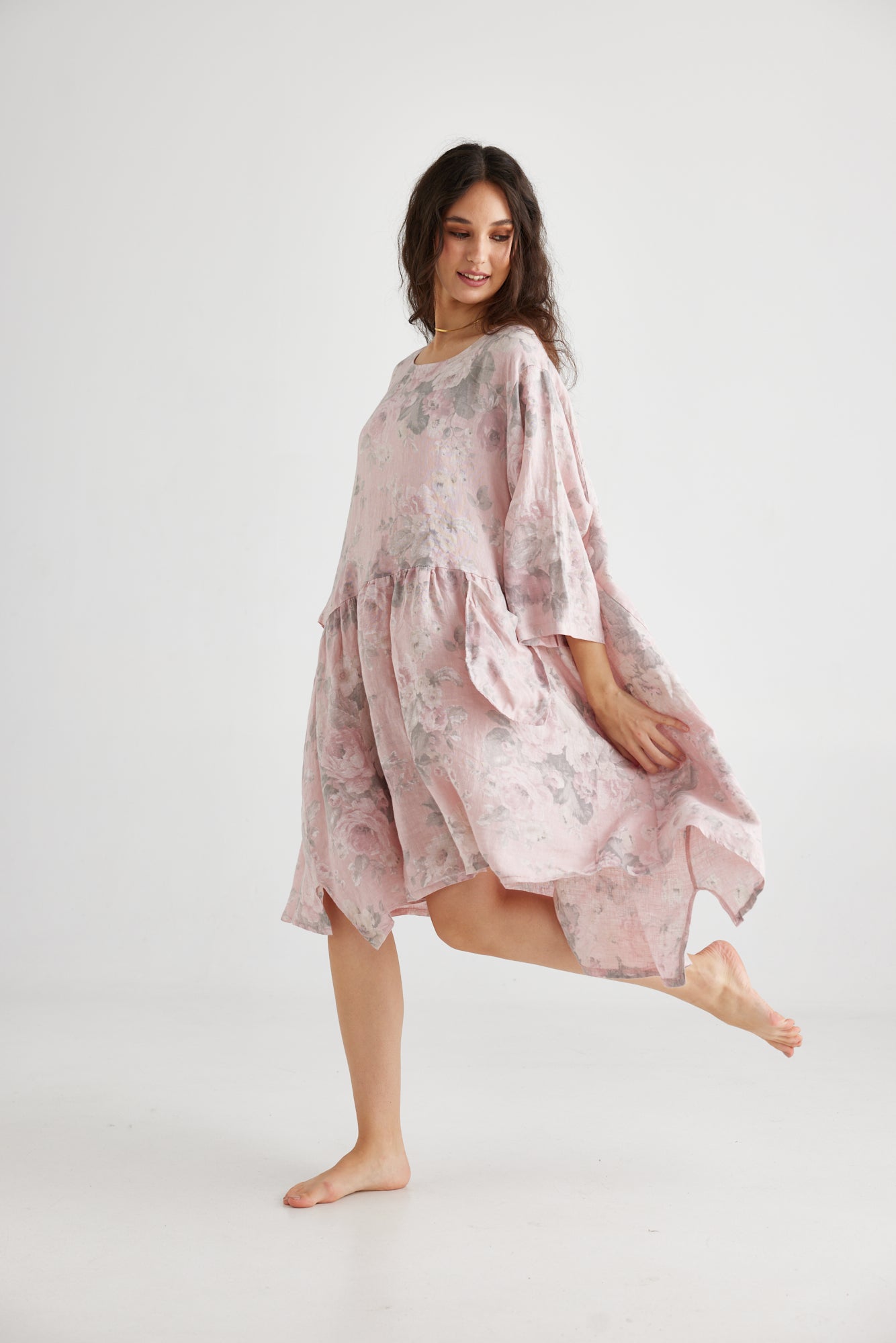 Clarissa linen dress. Pink Tearose Floral