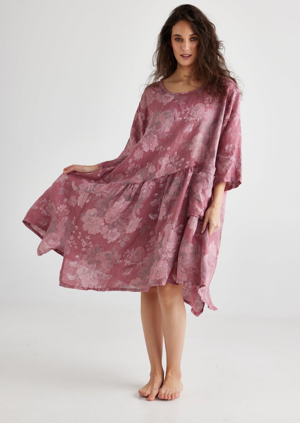 Clarissa Linen Dress. Vintage Pink Rose floral