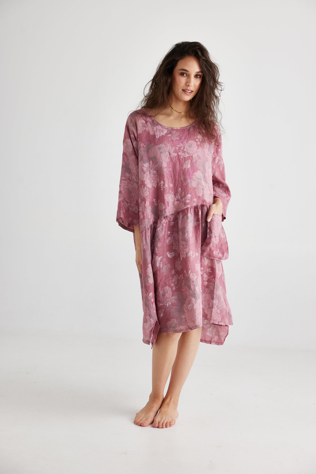 Clarissa Linen Dress. Vintage Pink Rose floral