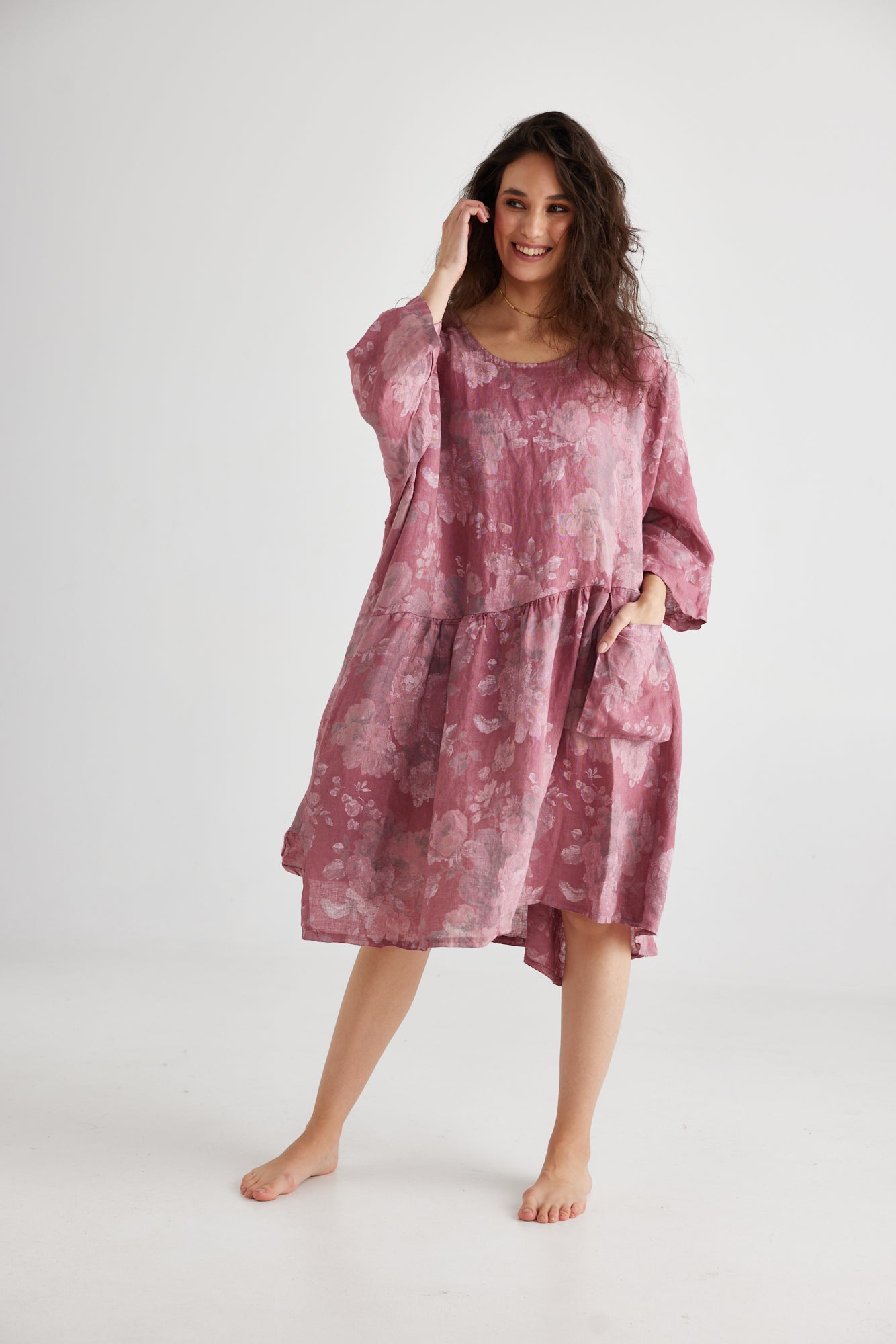 Clarissa Linen Dress. Vintage Pink Rose floral