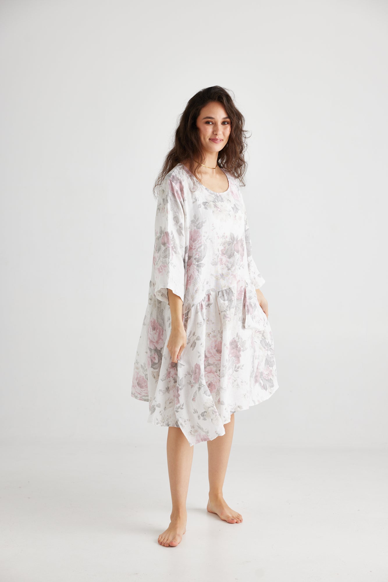 Clarissa Linen dress. Icing Sugar Pink rose