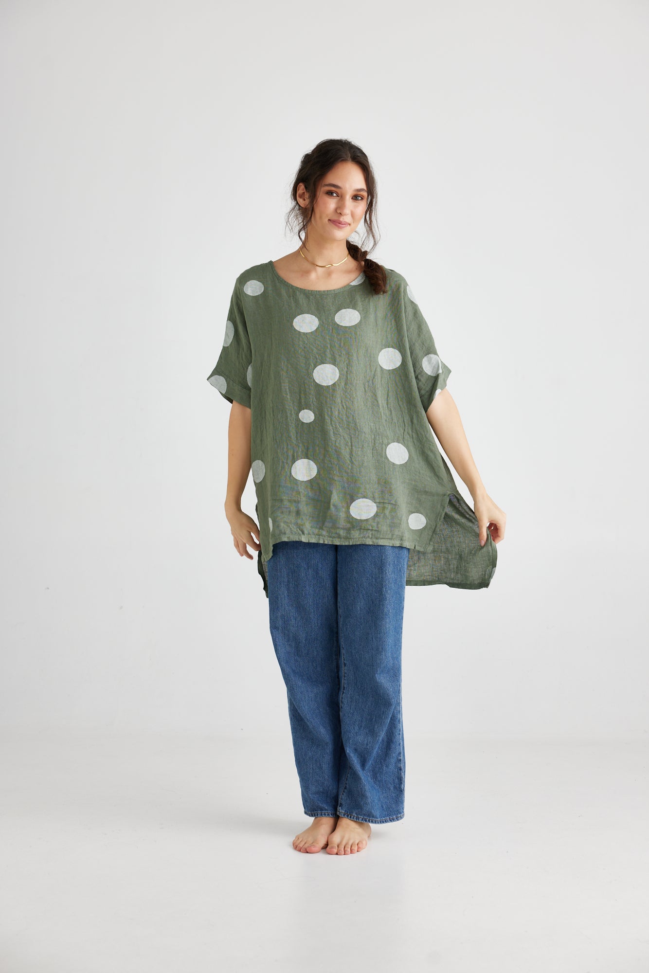 Contessa Linen top. Khaki Polka dot.