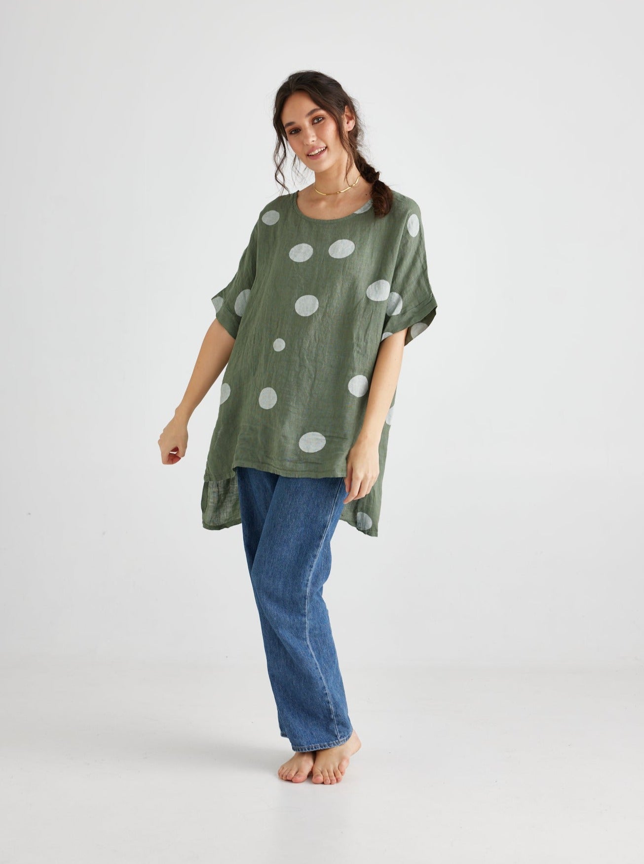Contessa Linen top. Khaki Polka dot.