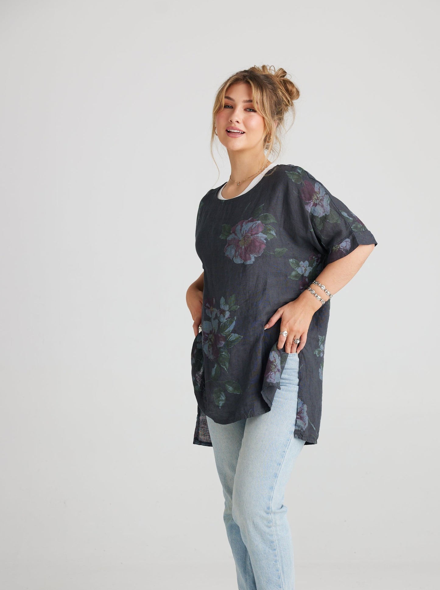 Contessa linen top. Charcoal Floral