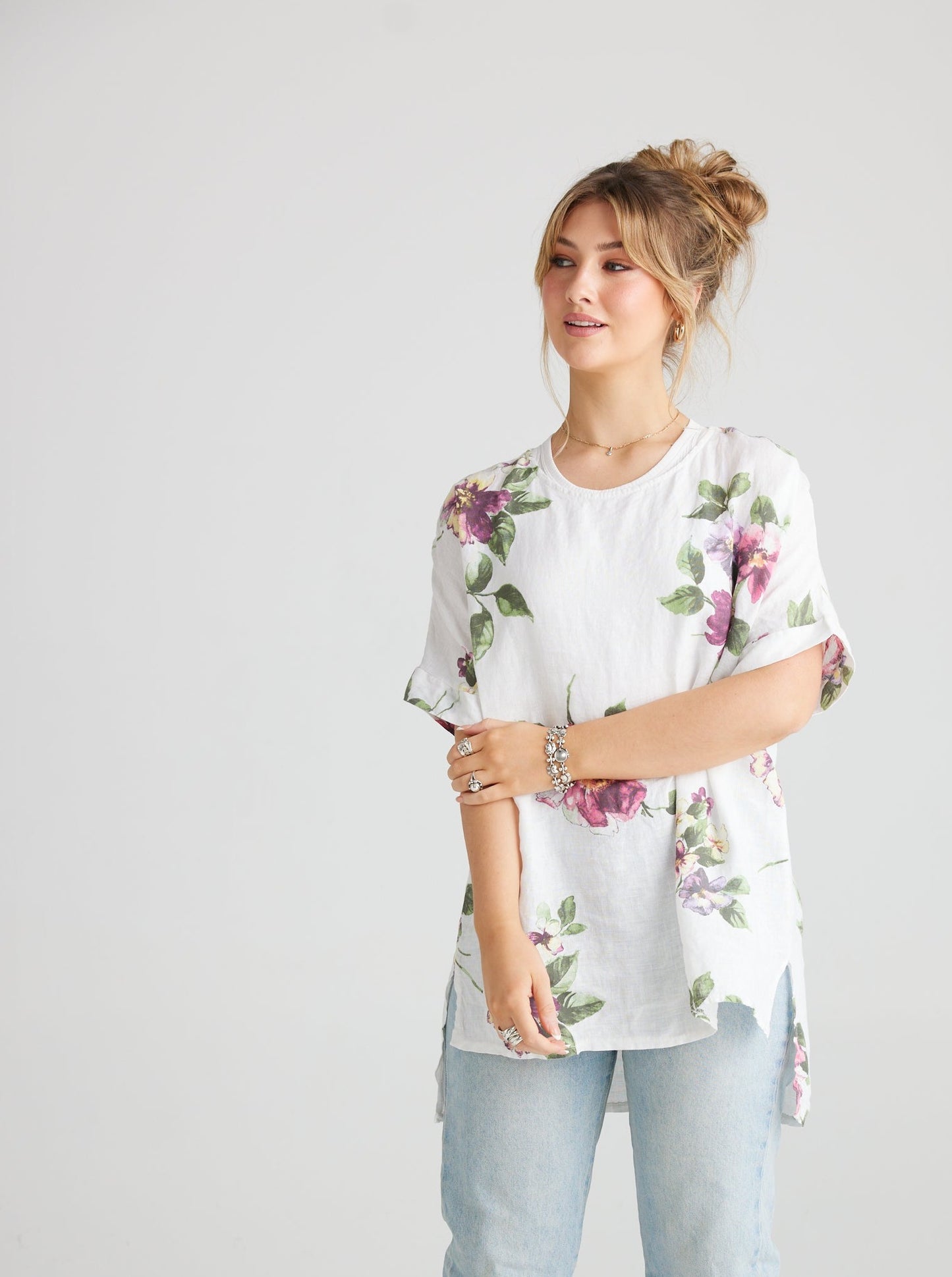 Contessa Linen Floral top. Icing Sugar