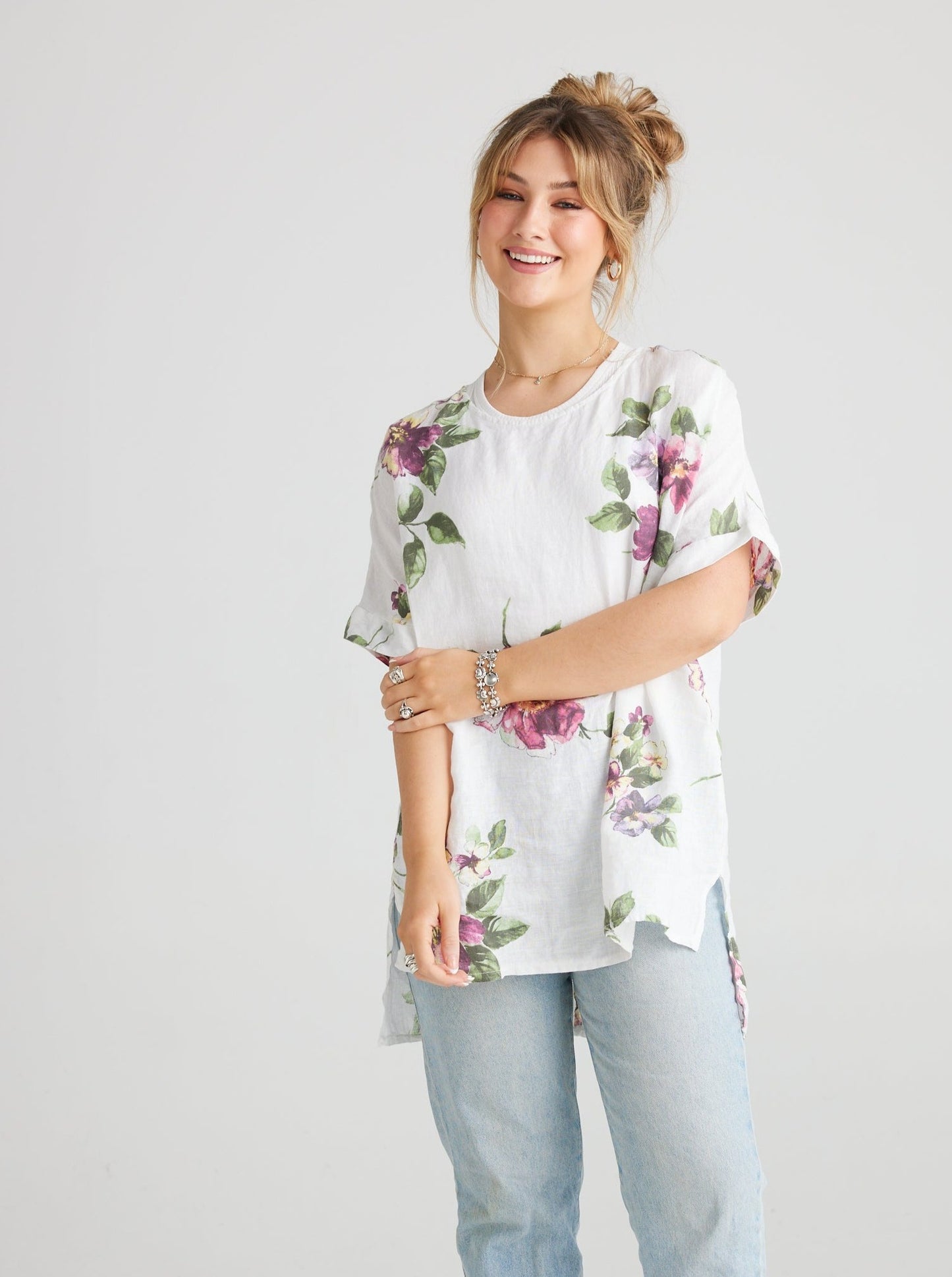 Contessa Linen Floral top. Icing Sugar