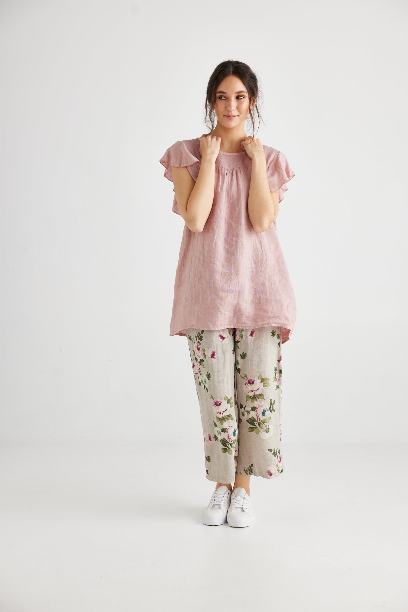 Bella linen ruffle sleeve top. Antique Rose