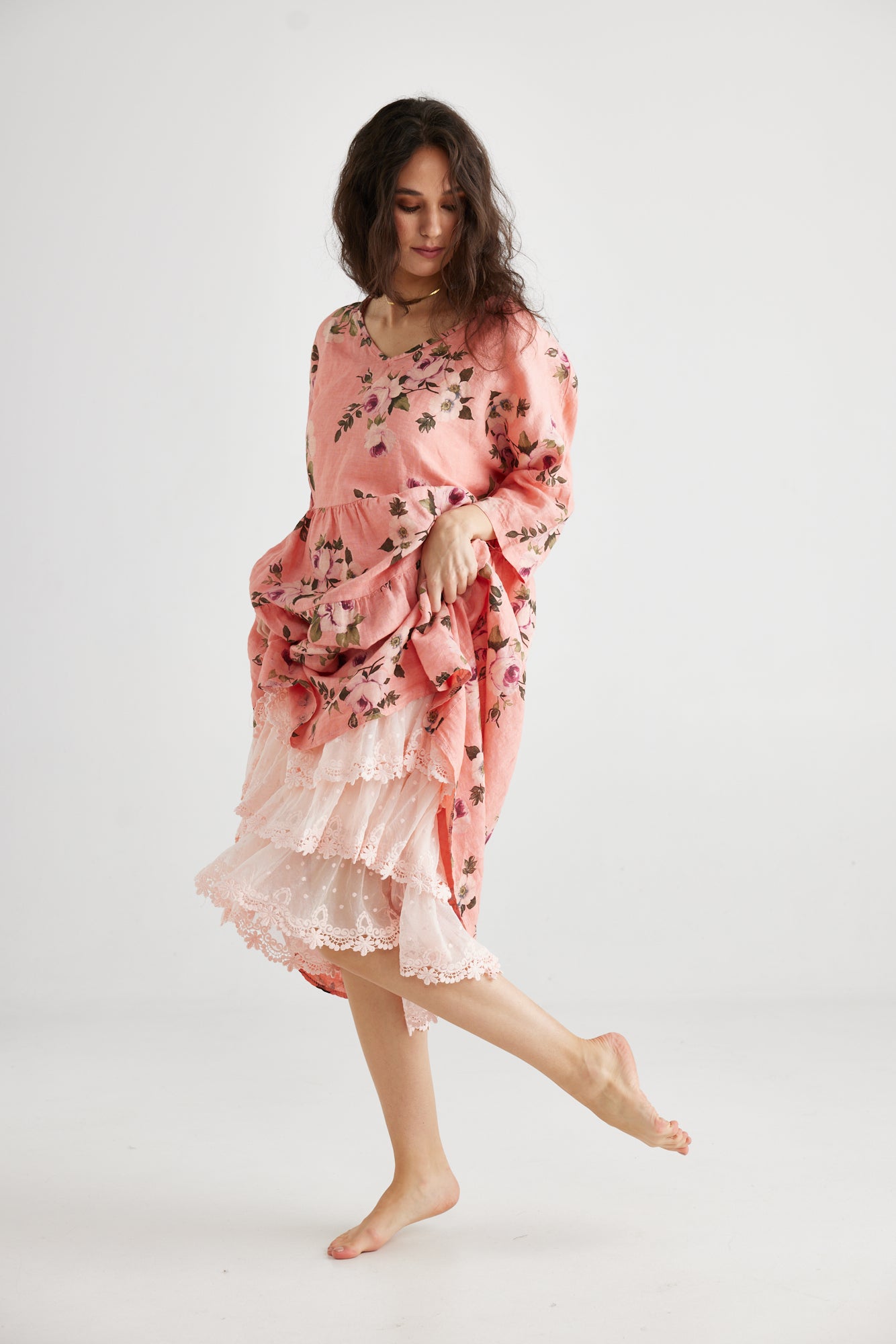 Stella Linen Floral Dress. Shell Pink