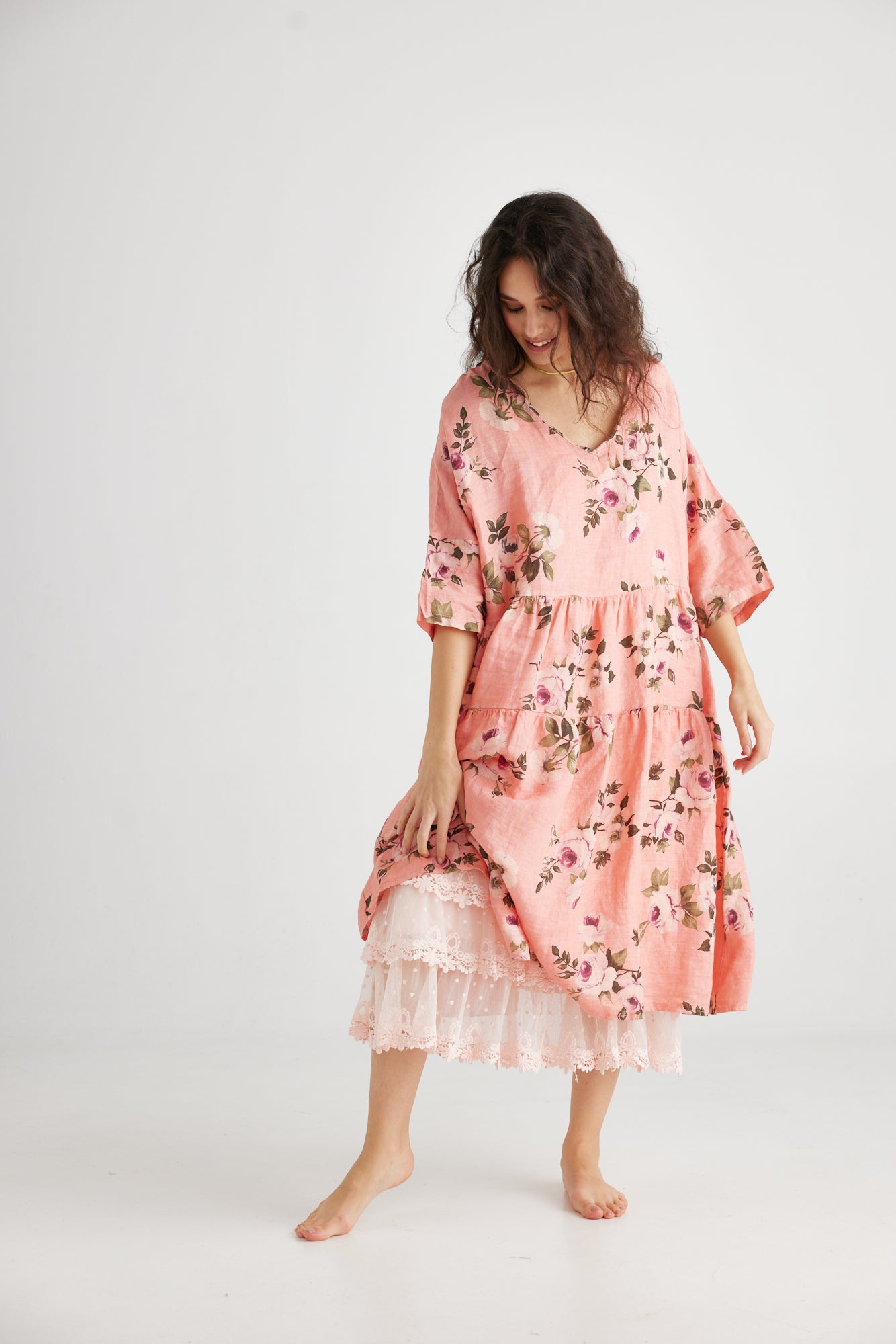 Stella Linen Floral Dress. Shell Pink