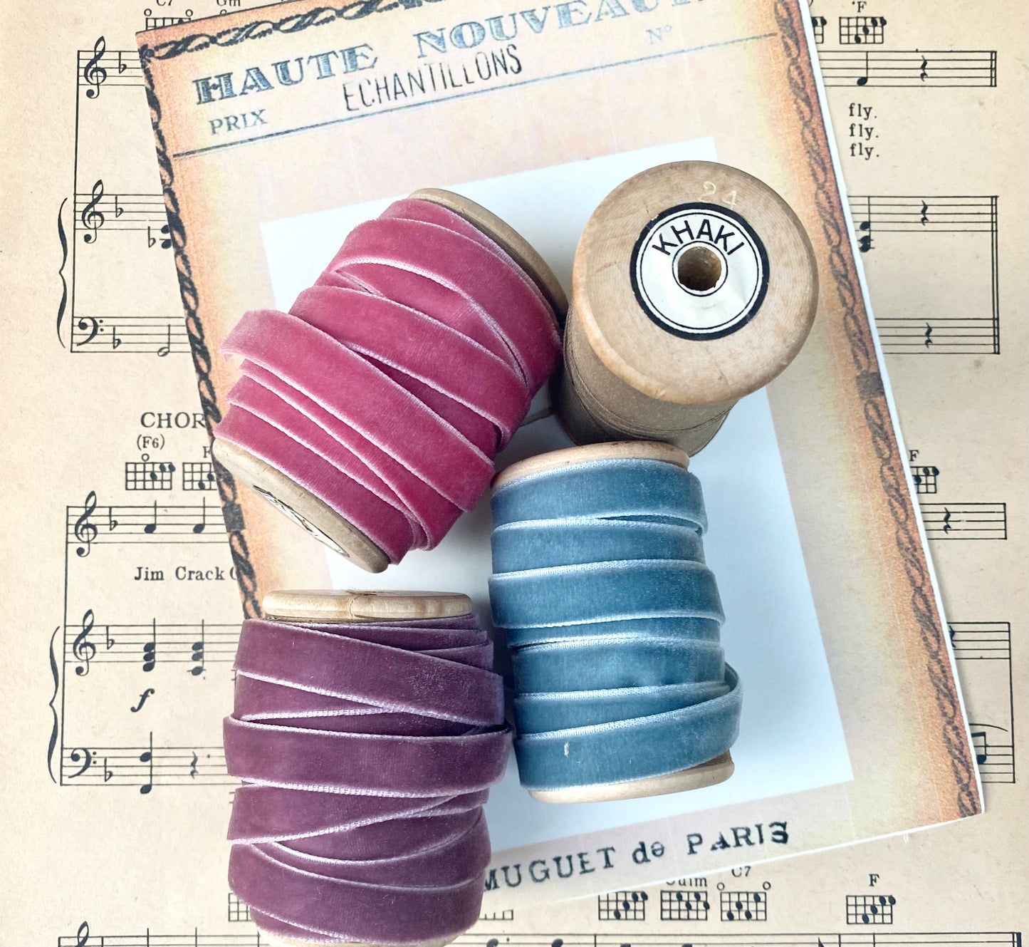 Vintage Coloured Velvet Ribbon collection on Vintage spools