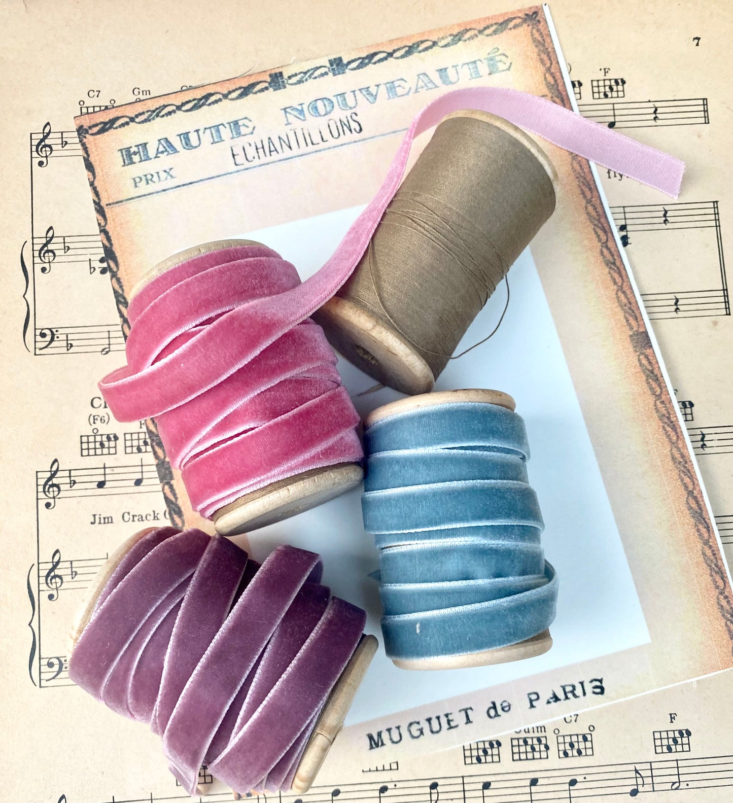 Vintage Coloured Velvet Ribbon collection on Vintage spools
