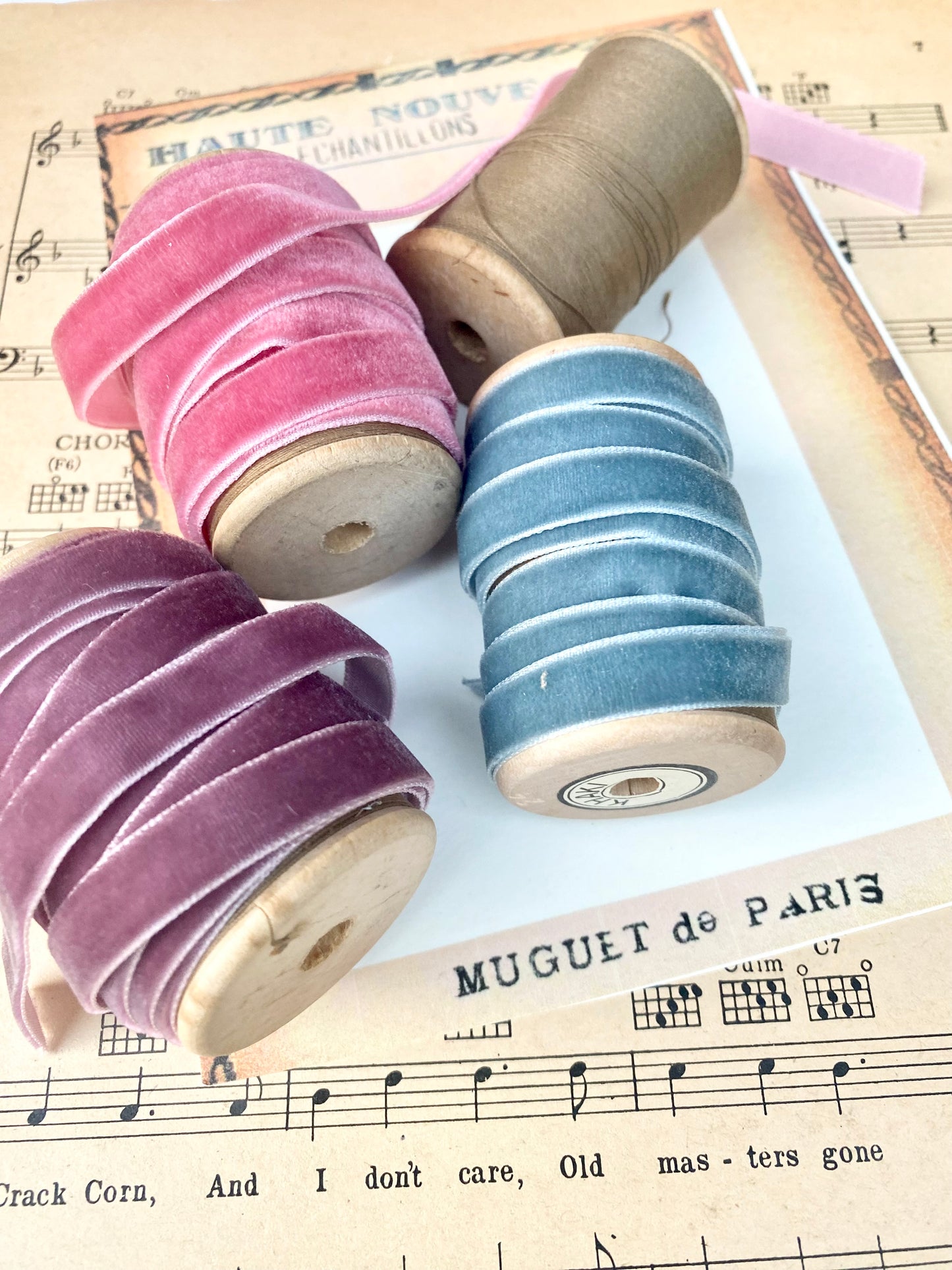 Vintage Coloured Velvet Ribbon collection on Vintage spools