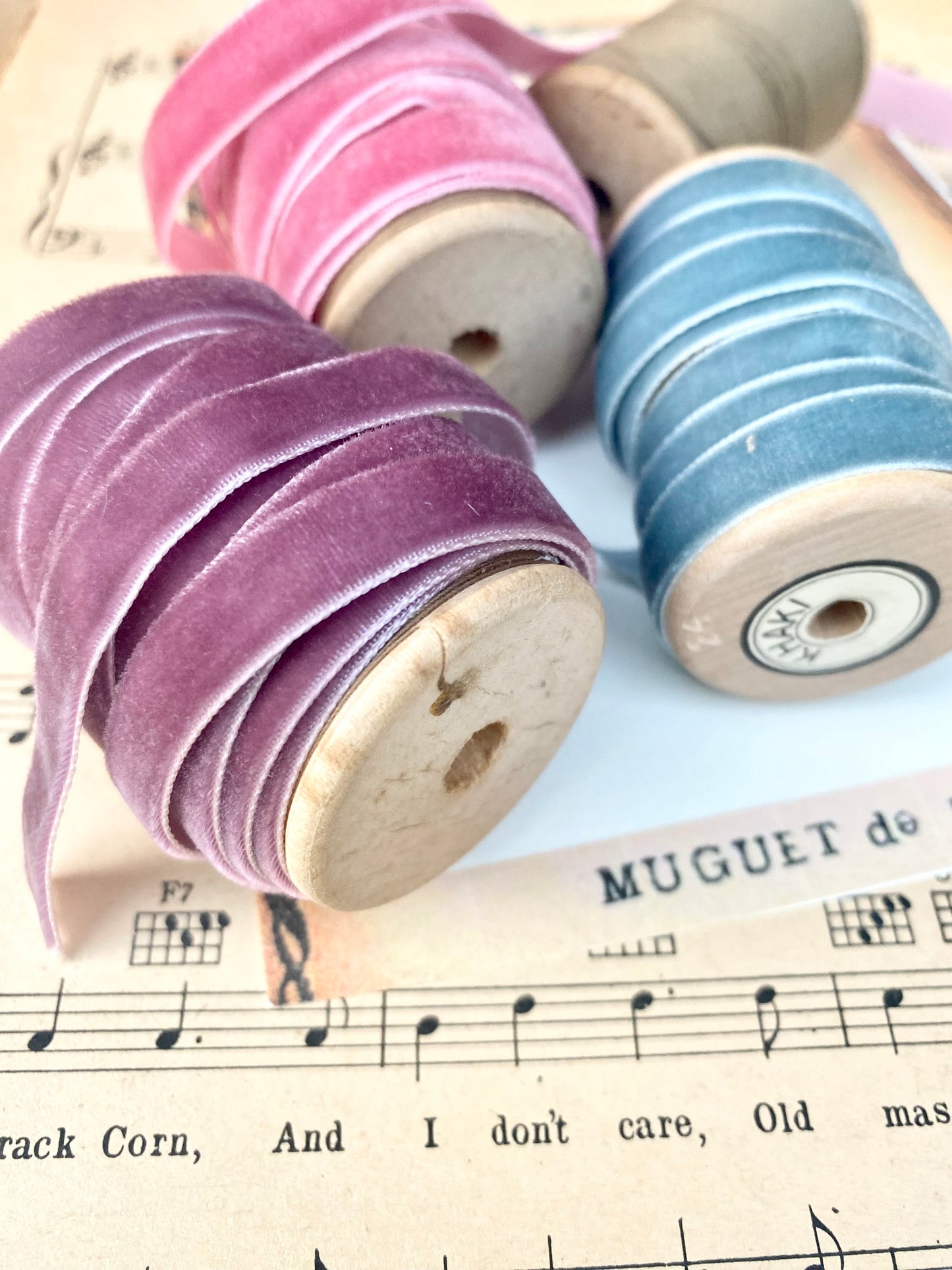 Vintage Coloured Velvet Ribbon collection on Vintage spools