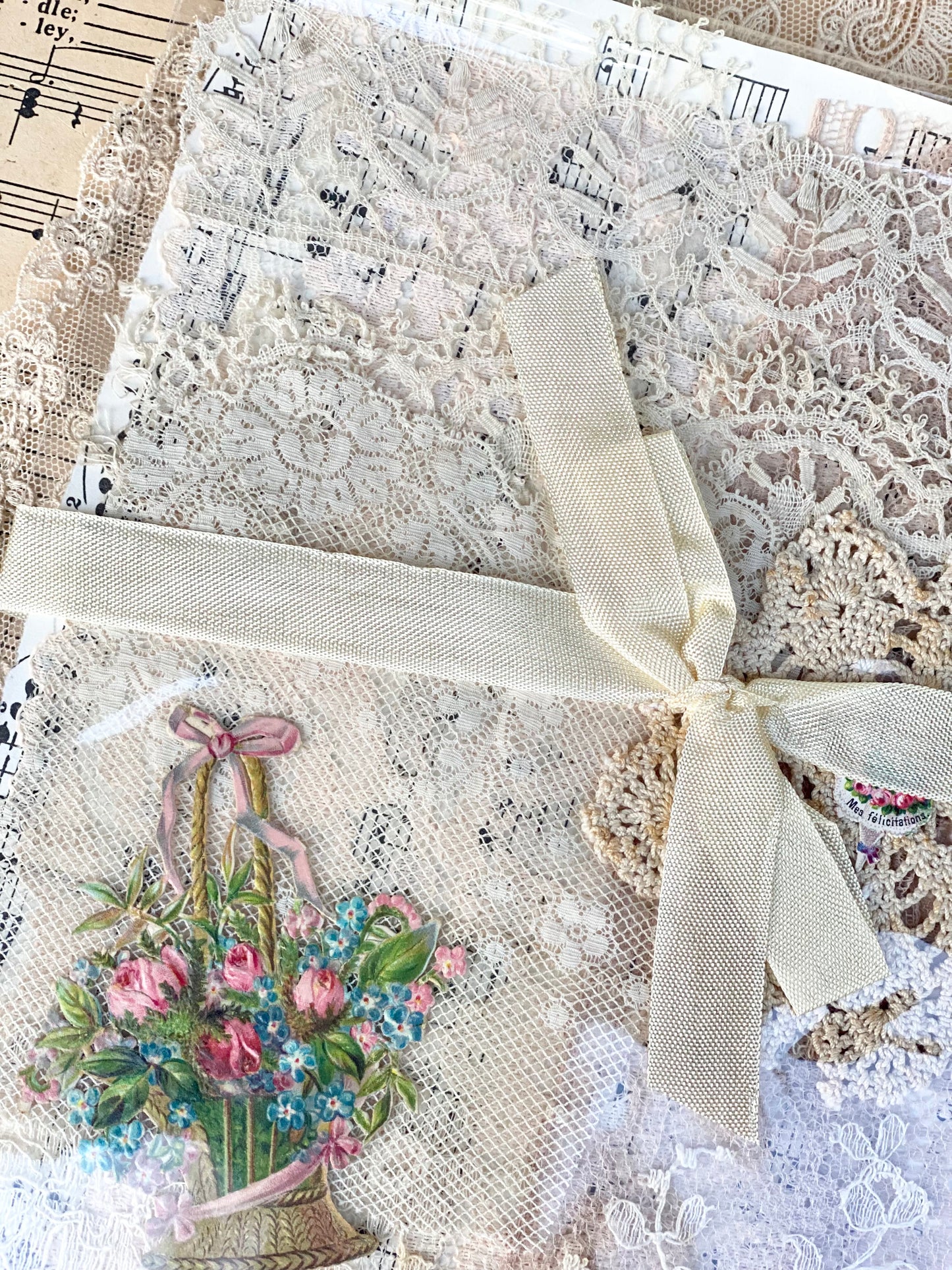 Exquisite antique lace and ephemera collection pack. Basket & lace