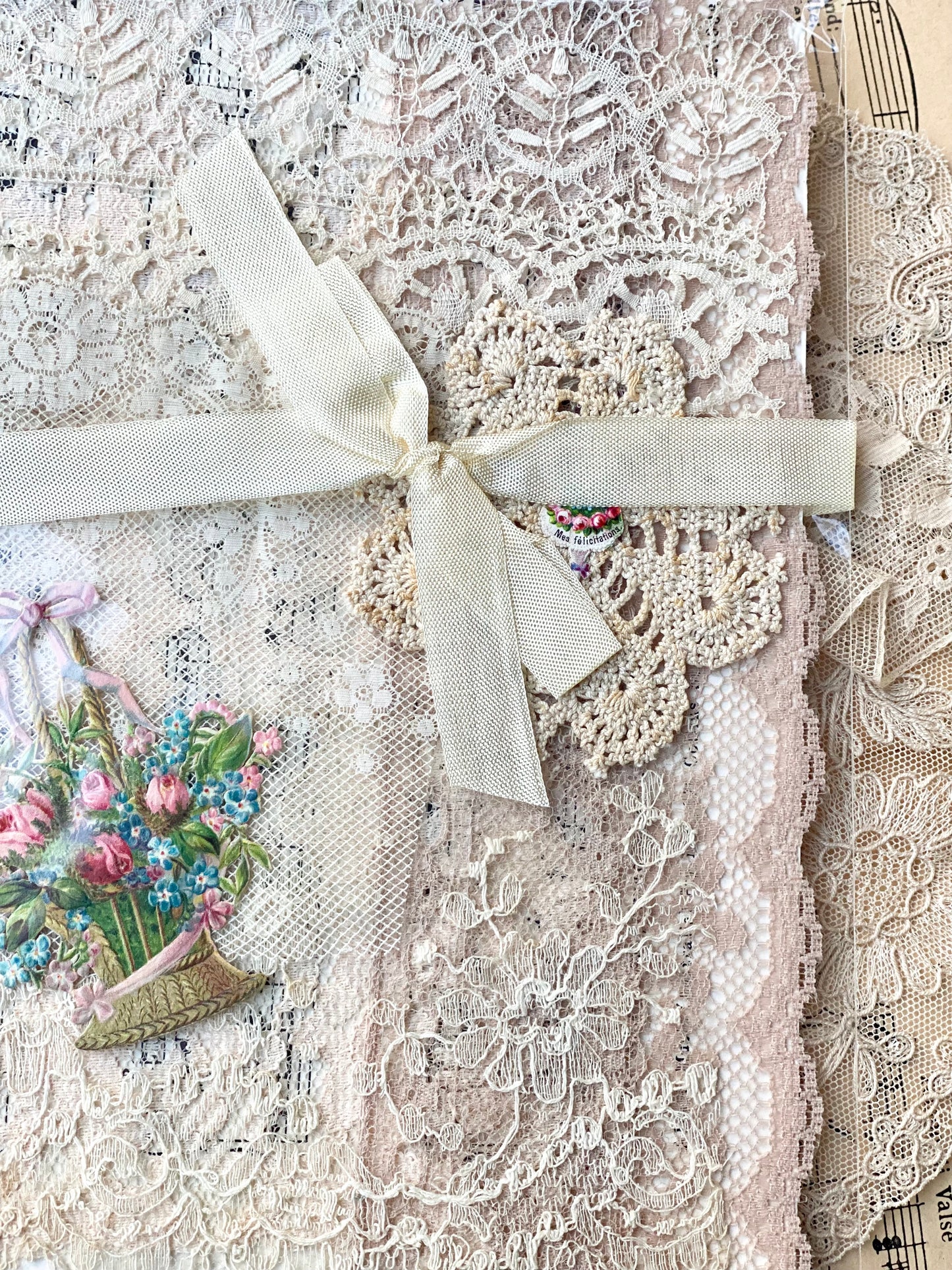 Exquisite antique lace and ephemera collection pack. Basket & lace