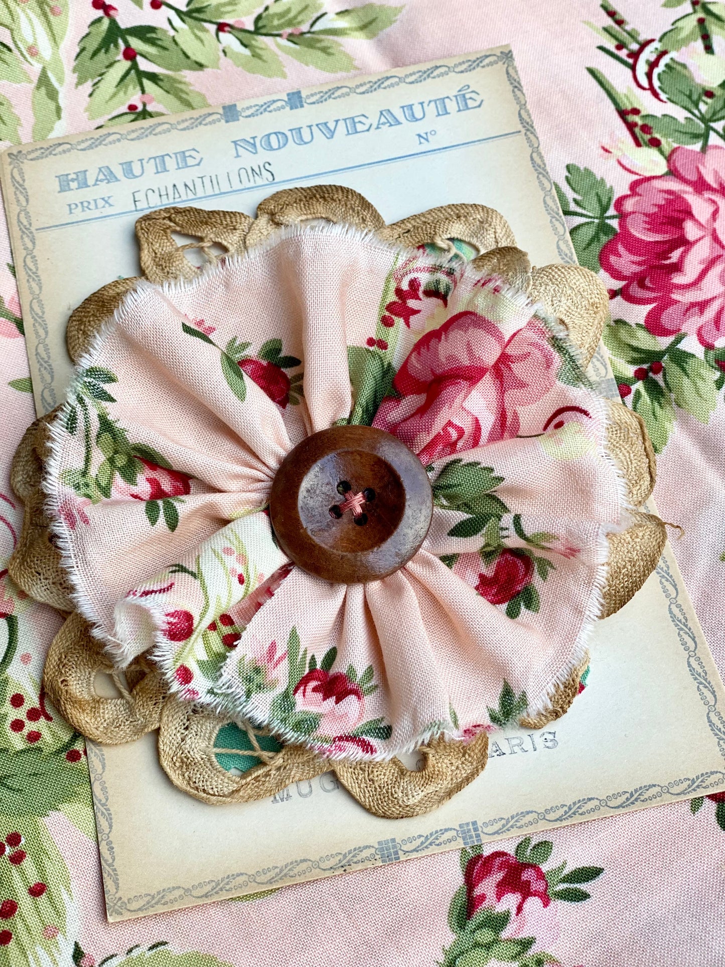 Vintage Rose and lace flower brooch.