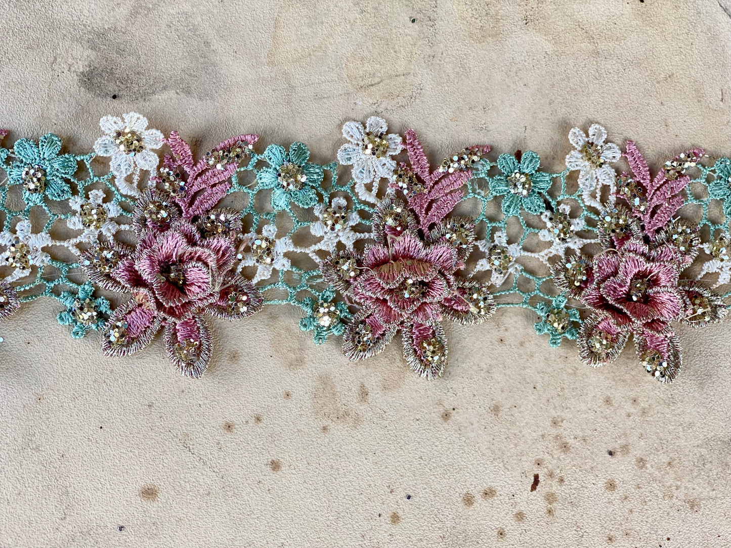 Rose and Daisy lace. Dusty Pink, Aqua and Gold Thread