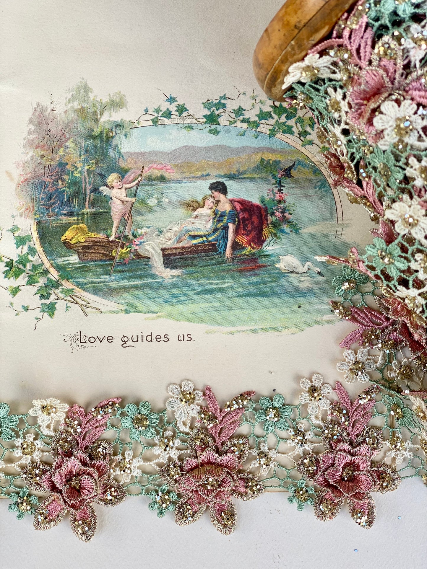 Rose and Daisy lace. Dusty Pink, Aqua and Gold Thread