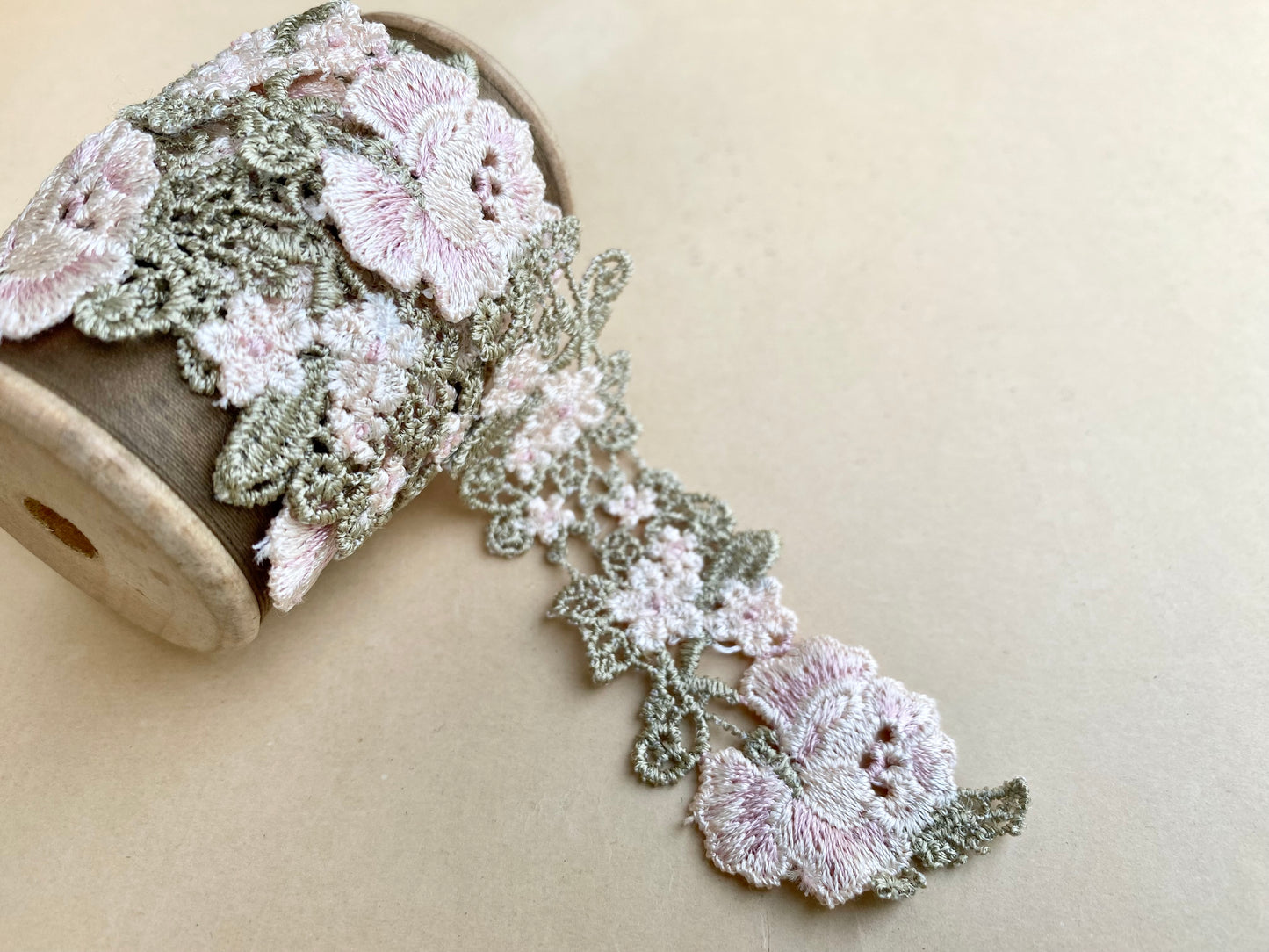Wooden vintage spool with rose garland lace. Pale Pink & pale olive