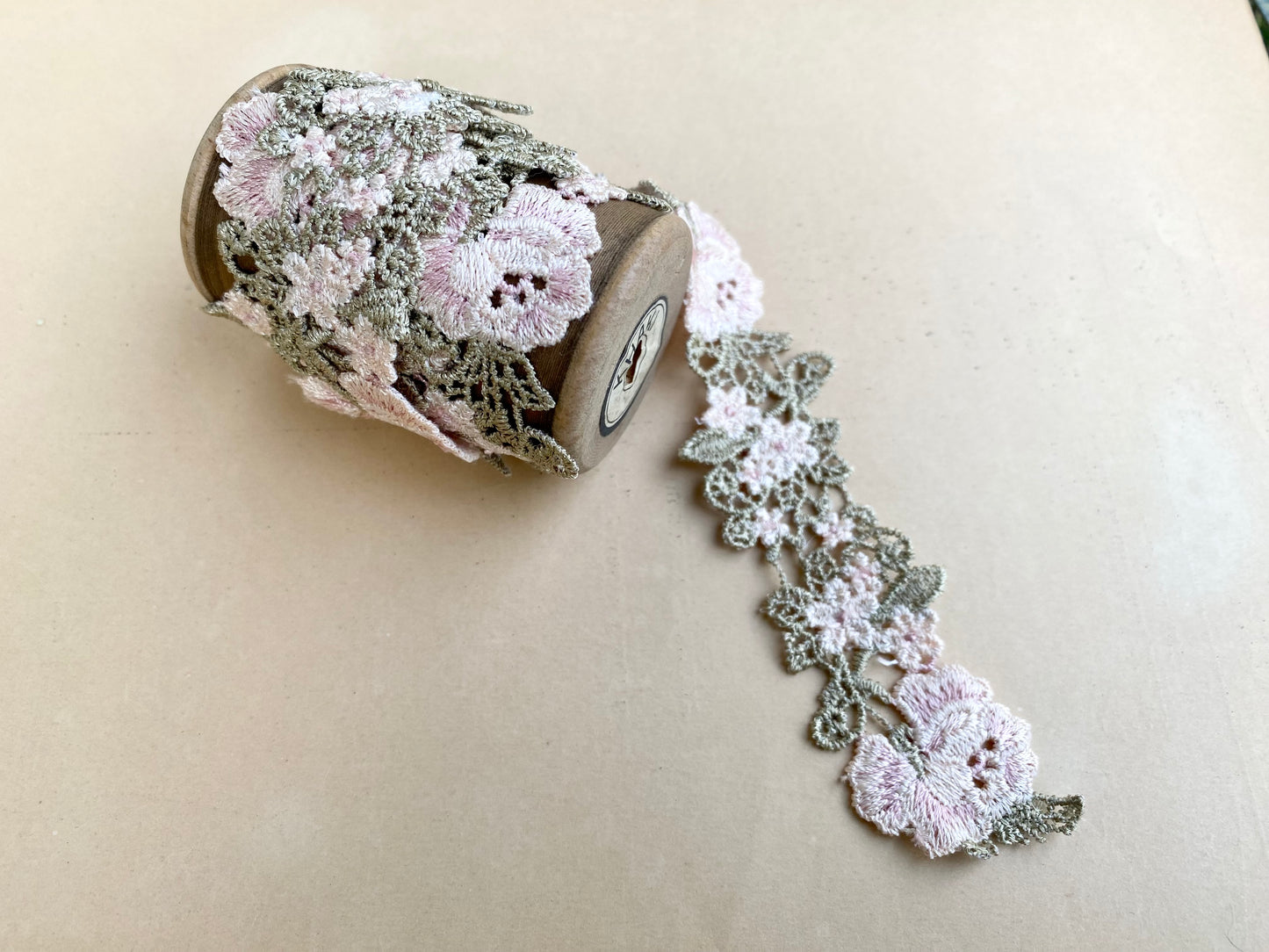 Wooden vintage spool with rose garland lace. Pale Pink & pale olive
