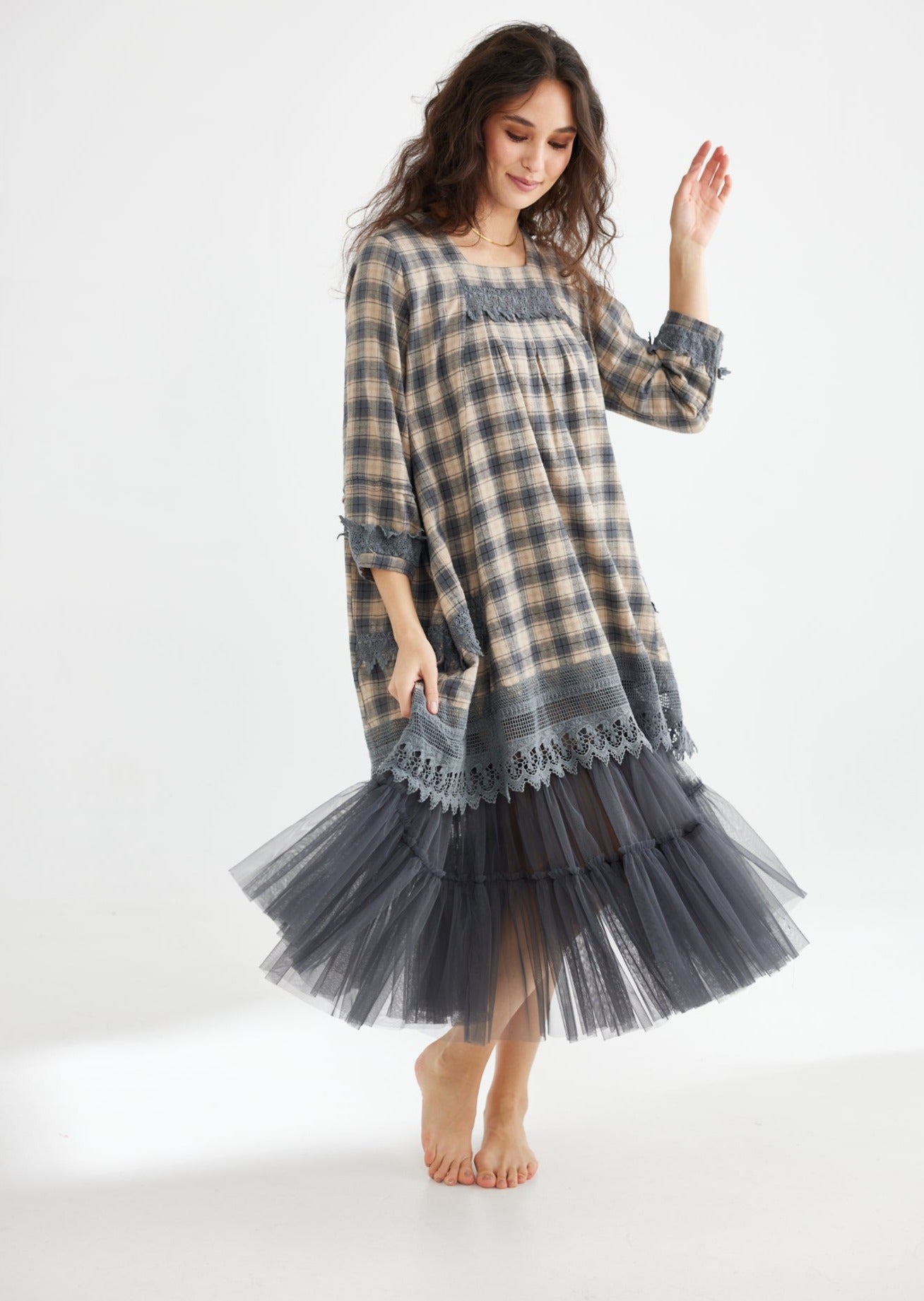 Isla Plaid Dress. Paynes Grey