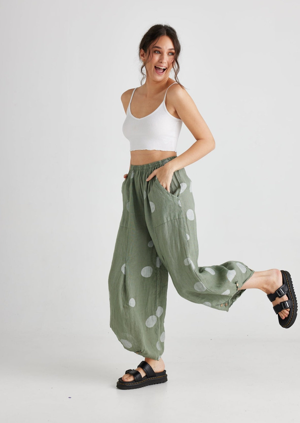 Lulu Linen Pants . Khaki Polka dot.