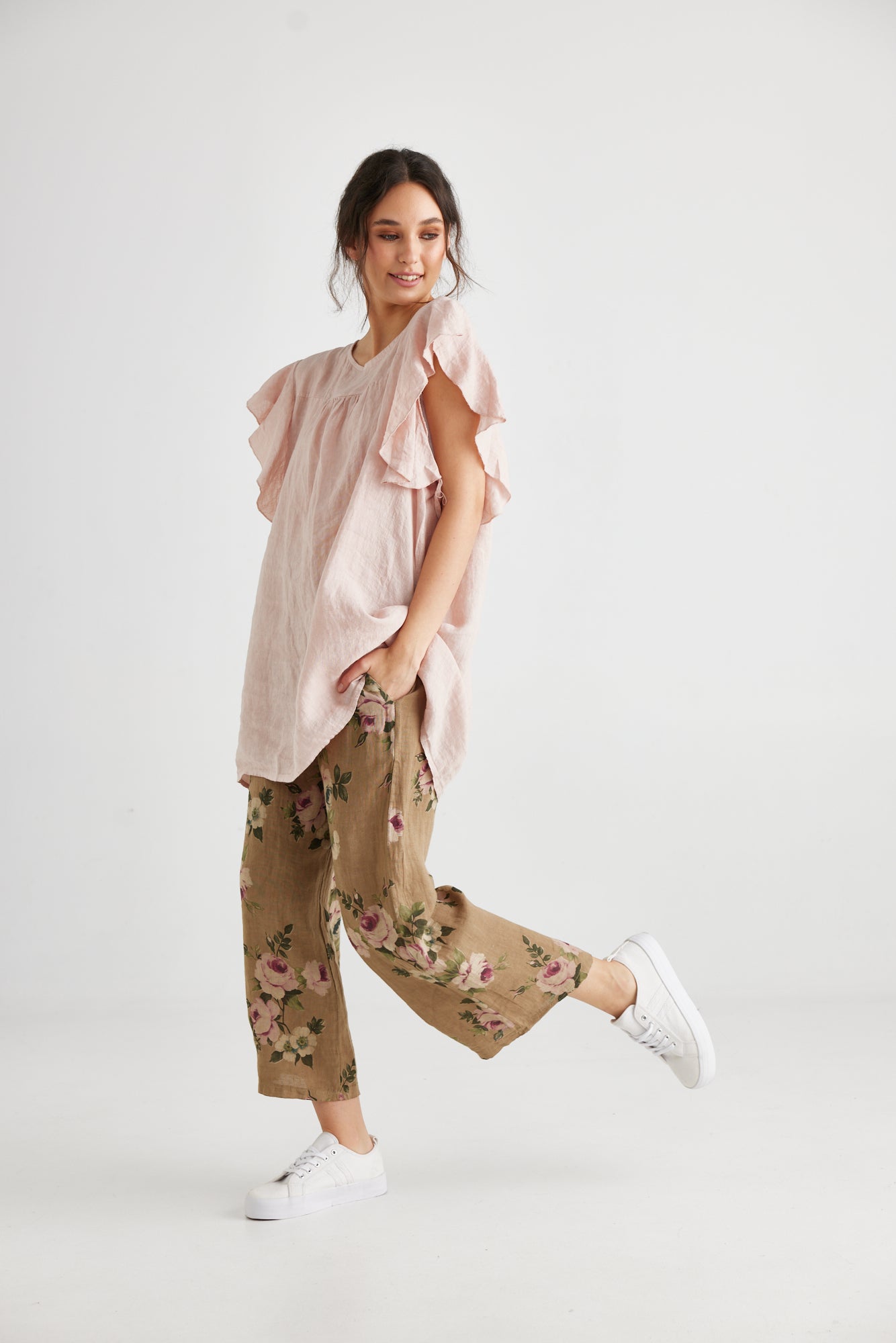 Eva Linen pants . Olive Branch Floral