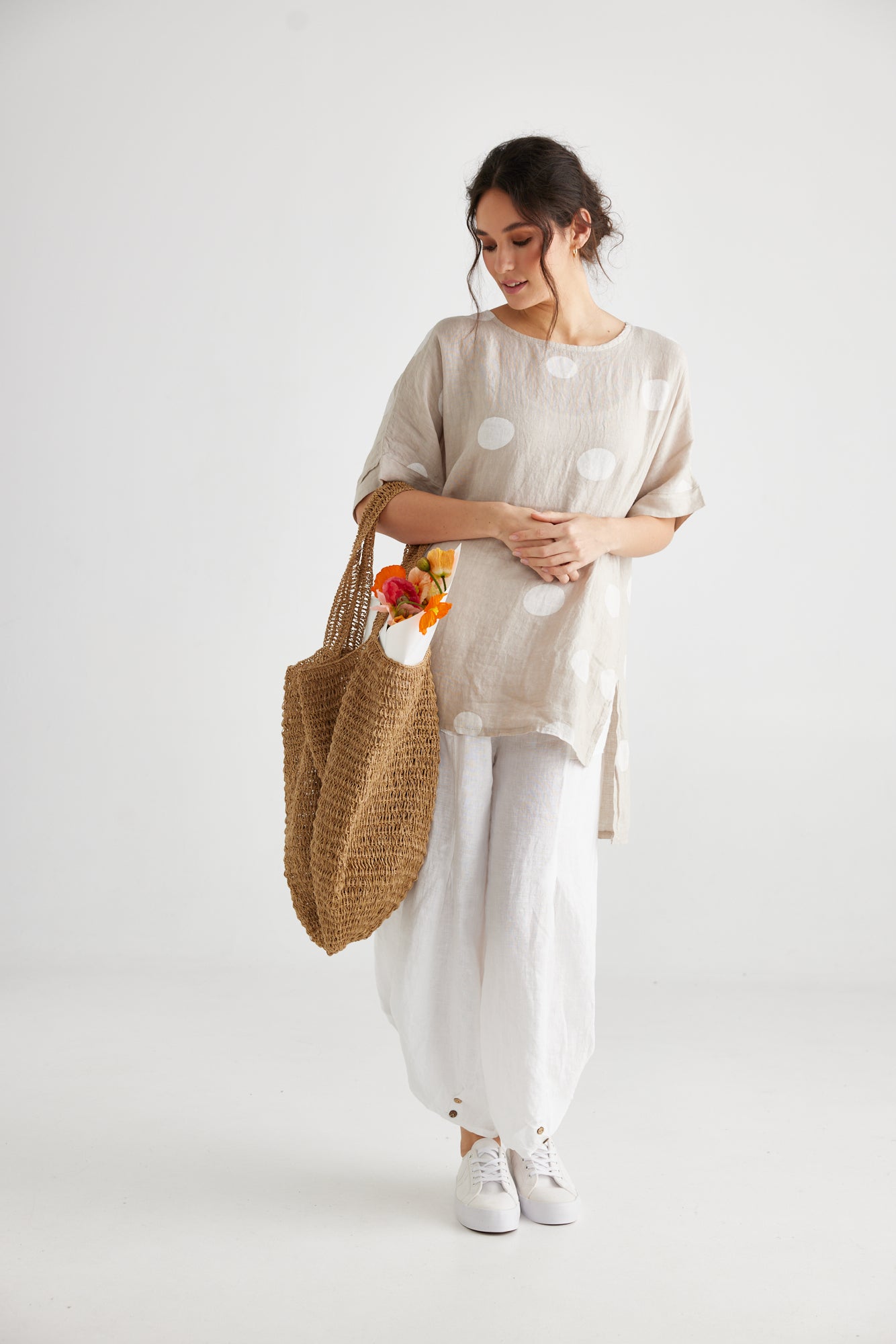 Contessa Linen top. Sandstone Polka dot