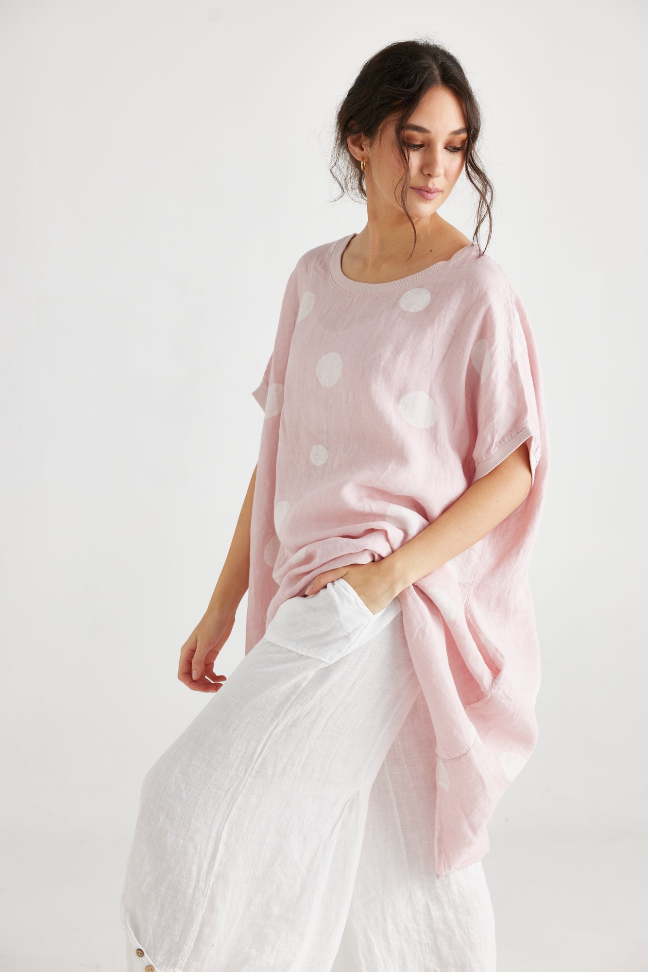 Rosabella linen top. Pale Pink Polka dot