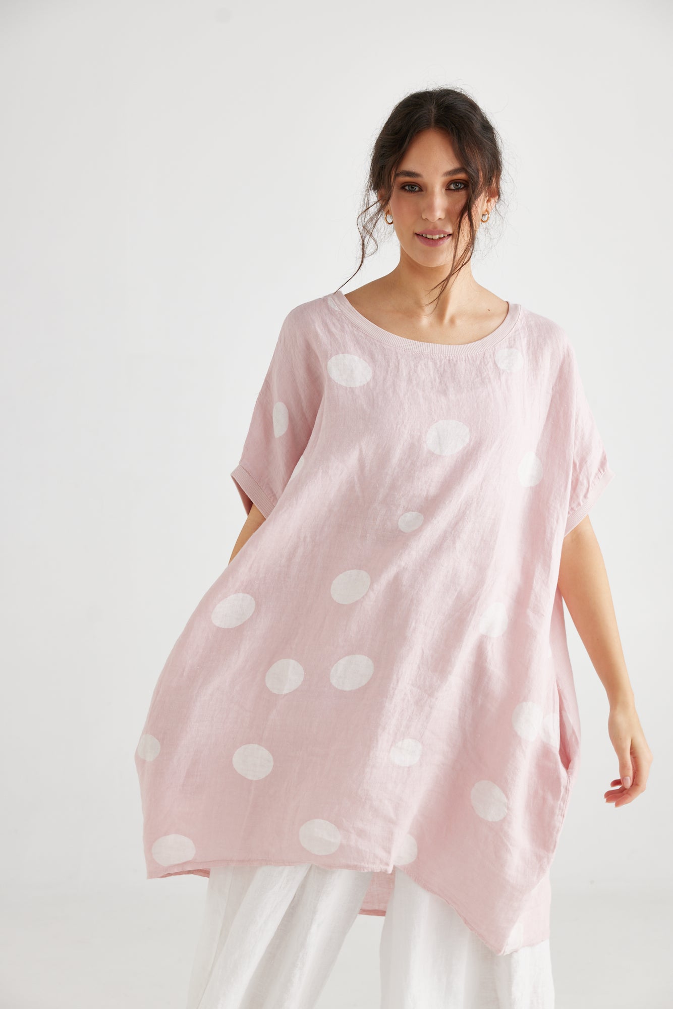 Rosabella linen top. Pale Pink Polka dot