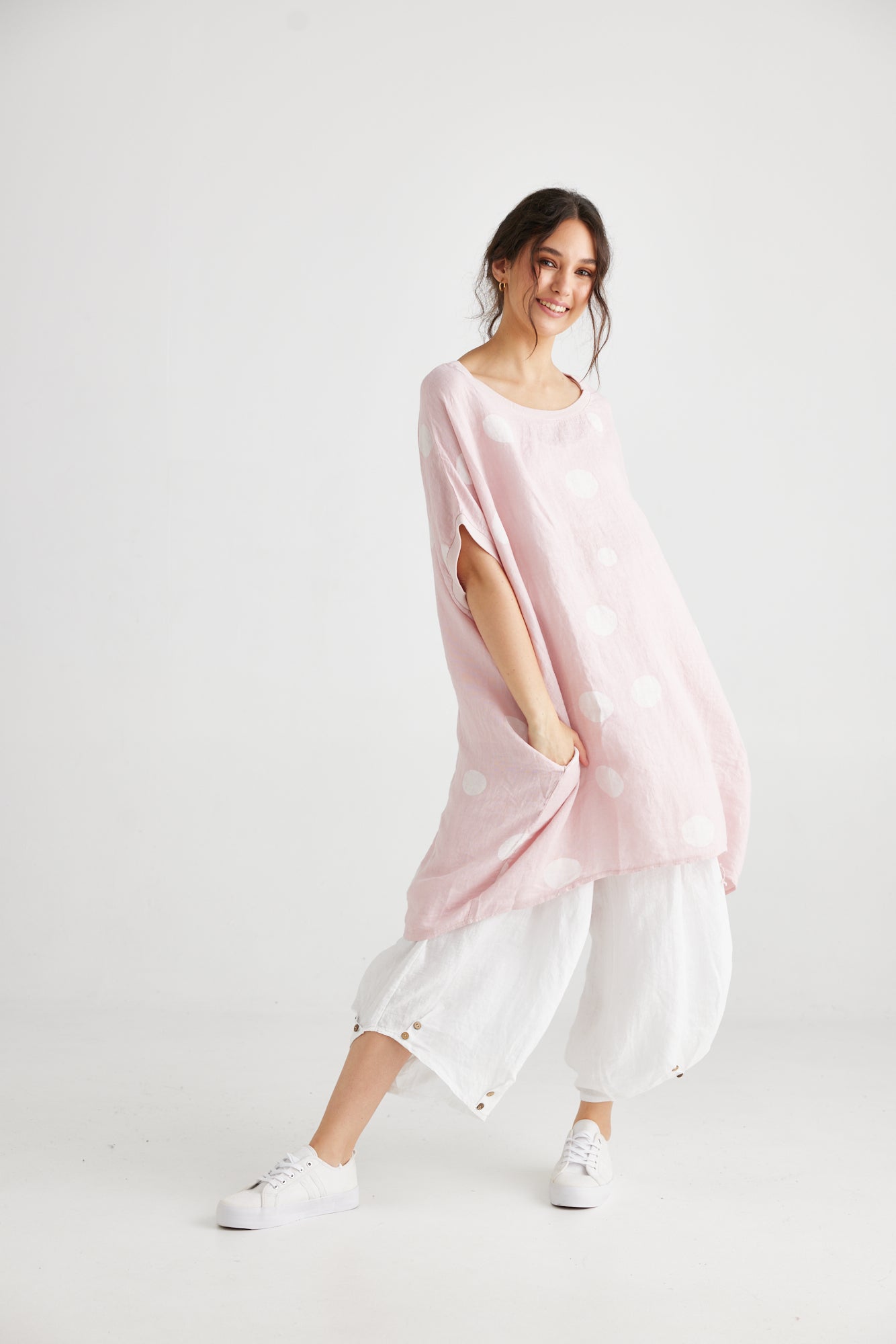 Rosabella linen top. Pale Pink Polka dot