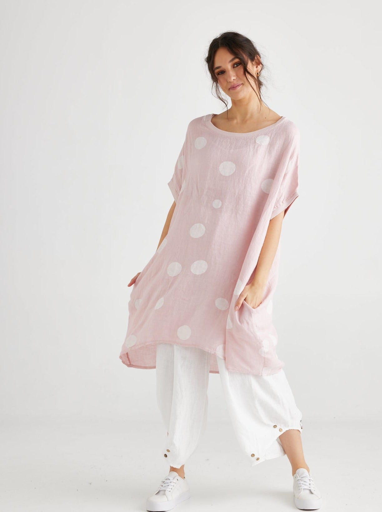 Rosabella linen top. Pale Pink Polka dot
