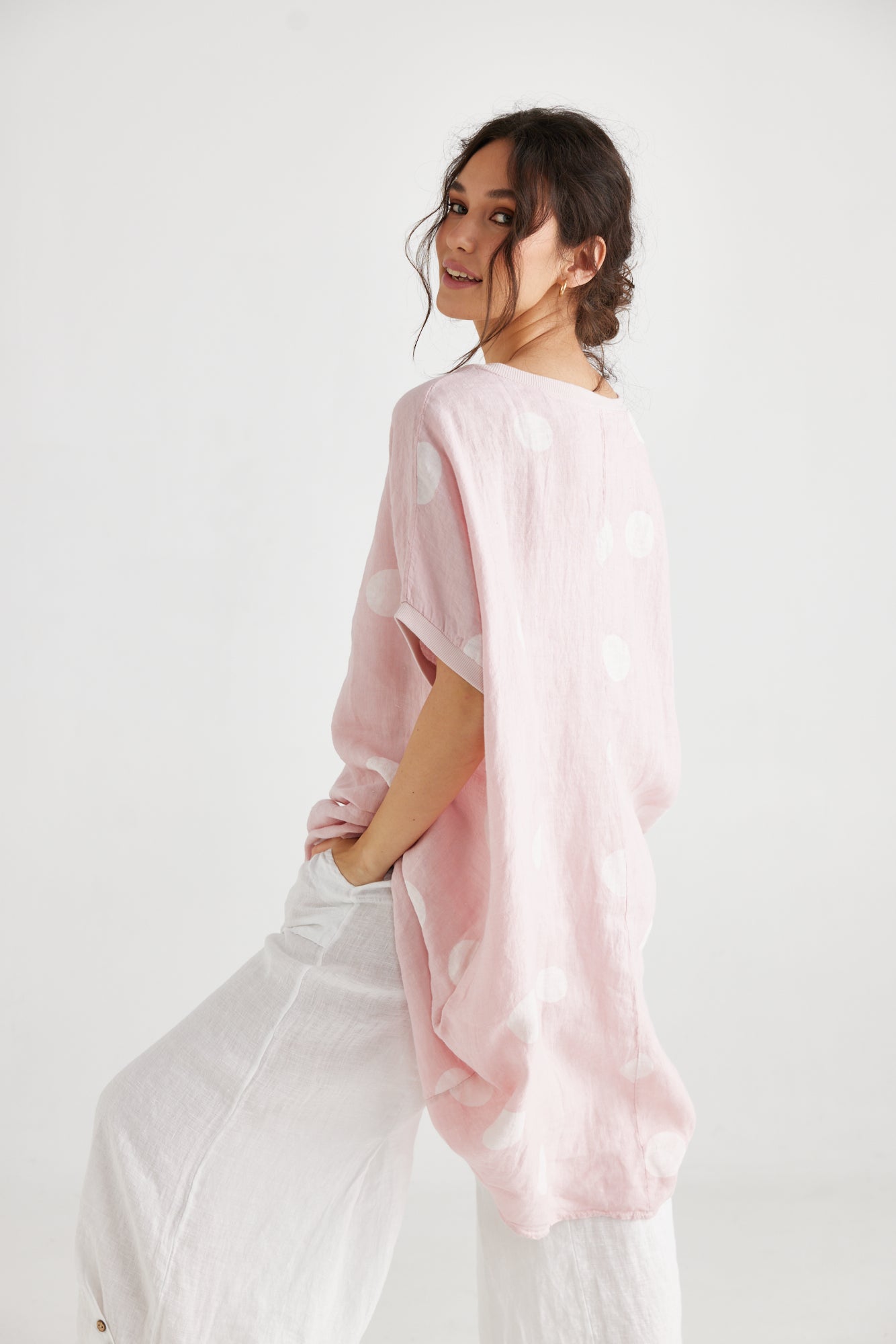 Rosabella linen top. Pale Pink Polka dot