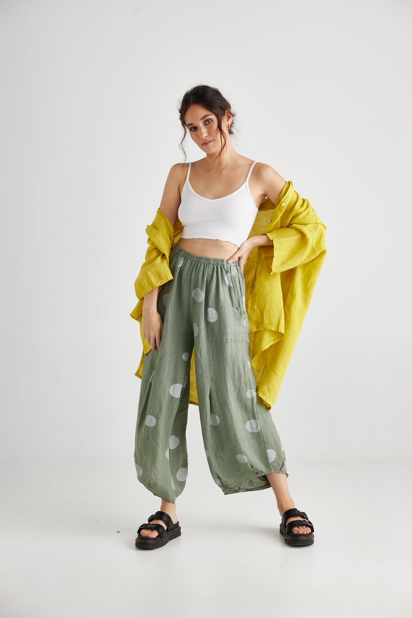 Lulu Linen Pants . Khaki Polka dot.