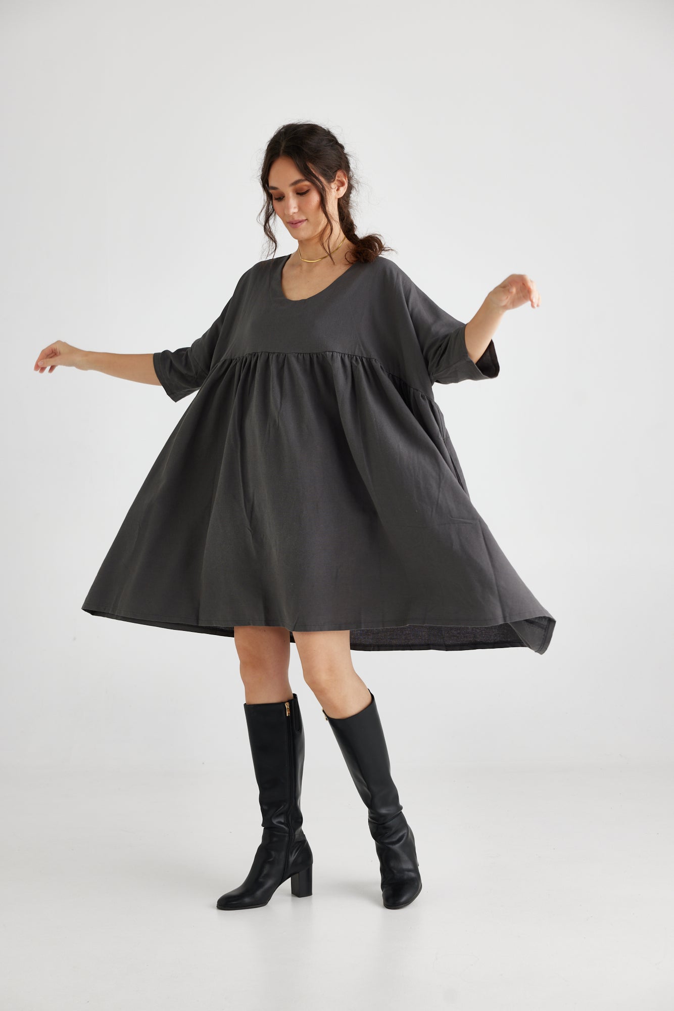 Provence cotton smock dress. Charcoal