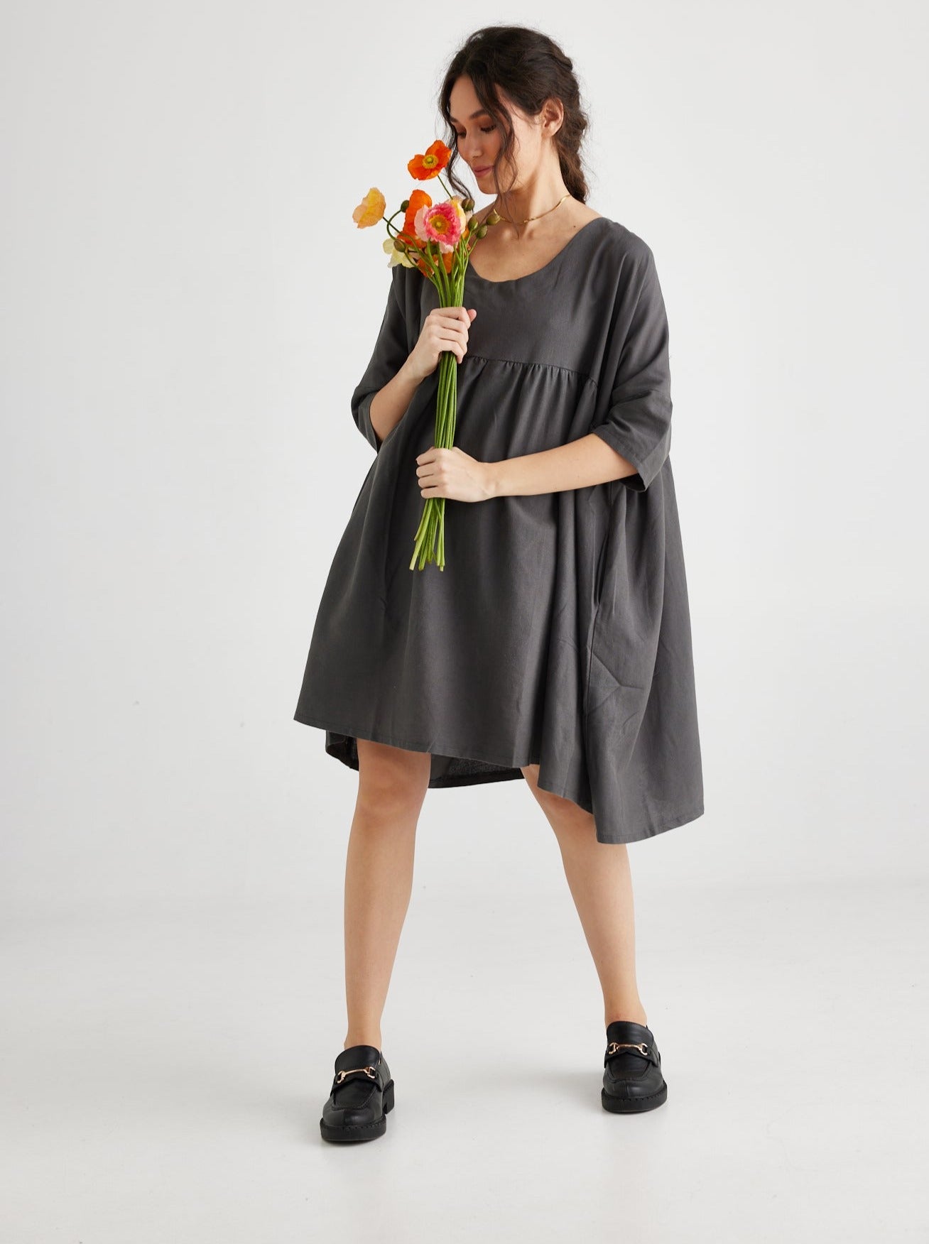 Provence cotton smock dress. Charcoal