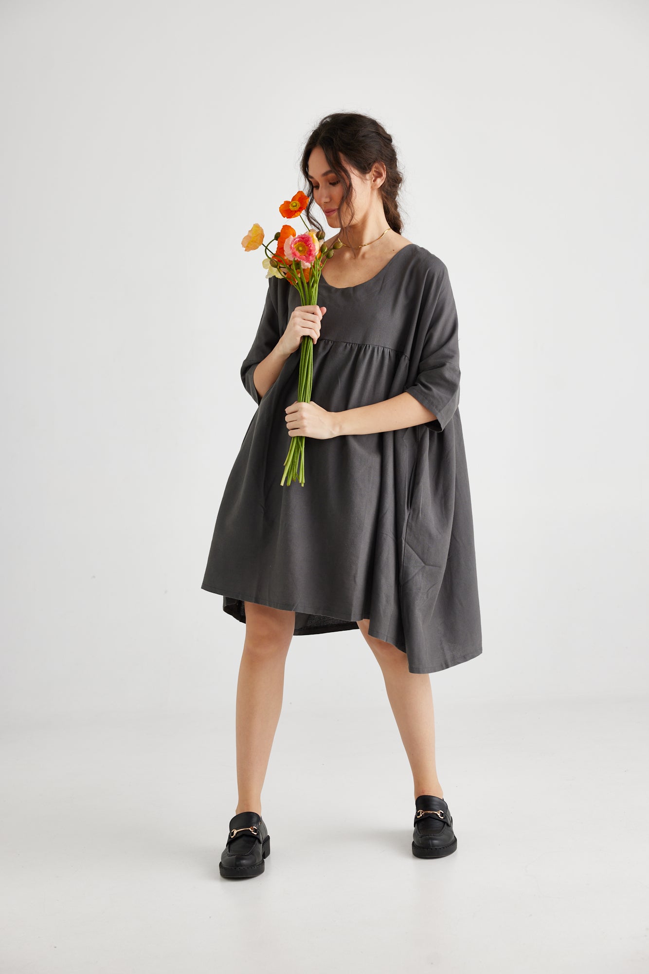 Provence cotton smock dress. Charcoal