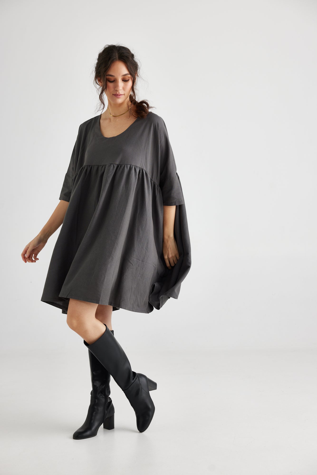 Provence cotton smock dress. Charcoal