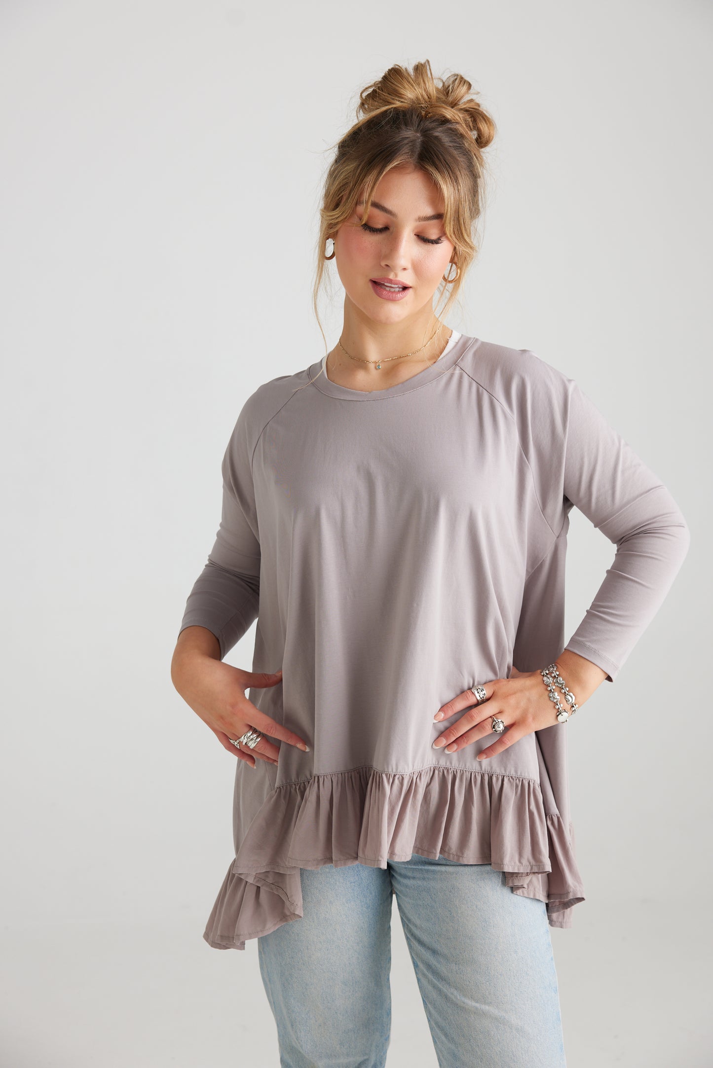 Ruby Ruffle Top. Dove Grey