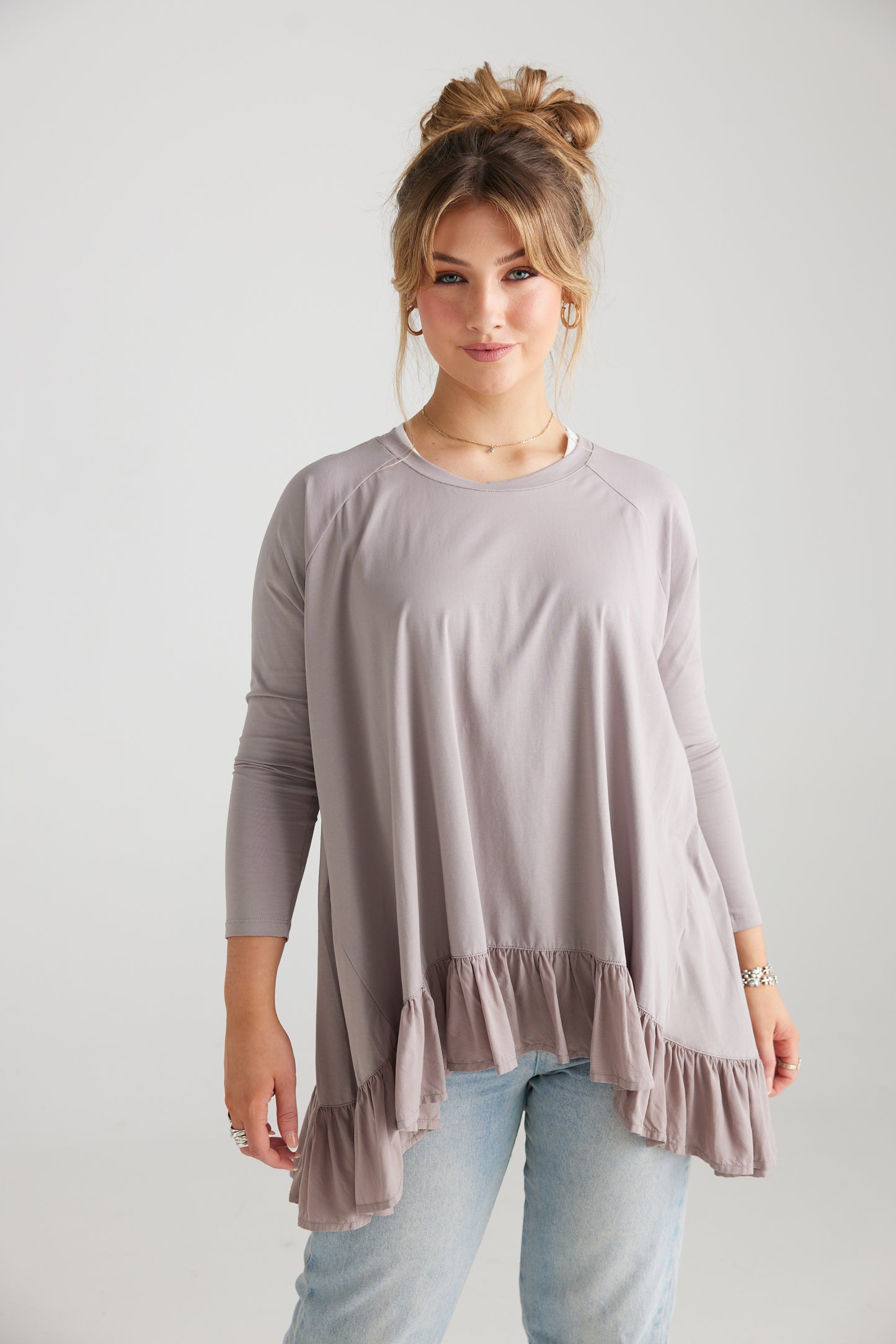 Ruby Ruffle Top. Dove Grey