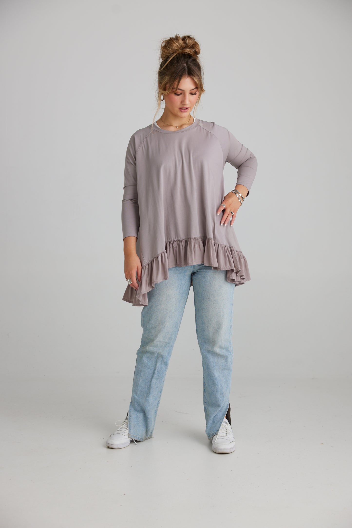 Ruby Ruffle Top. Dove Grey